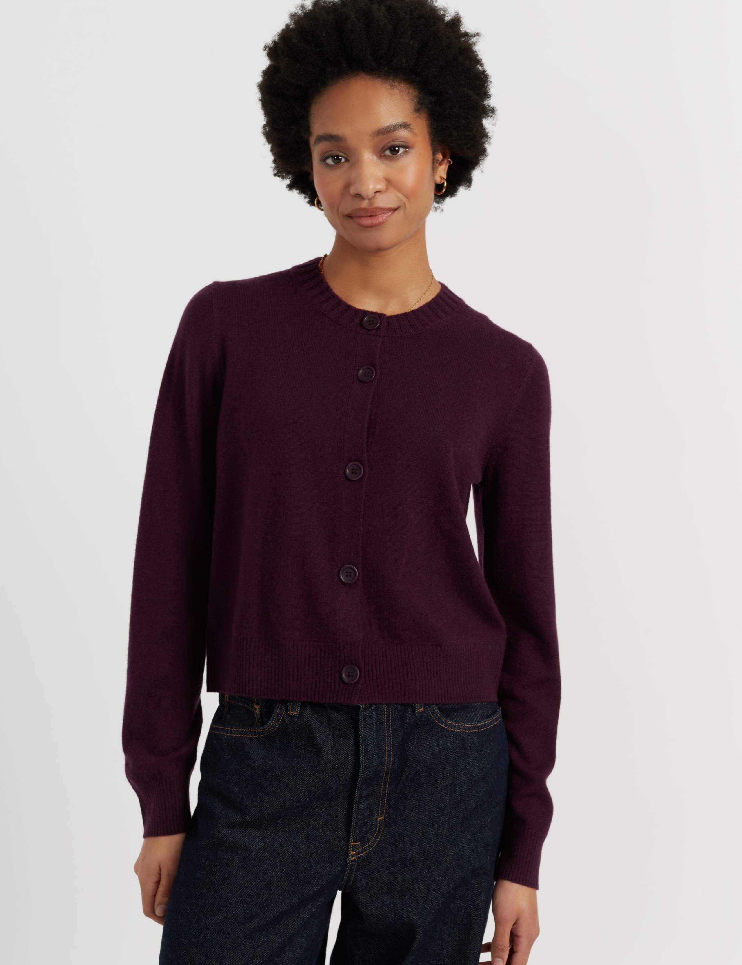 Wool Rich Crew Neck Cardigan with Cashmere