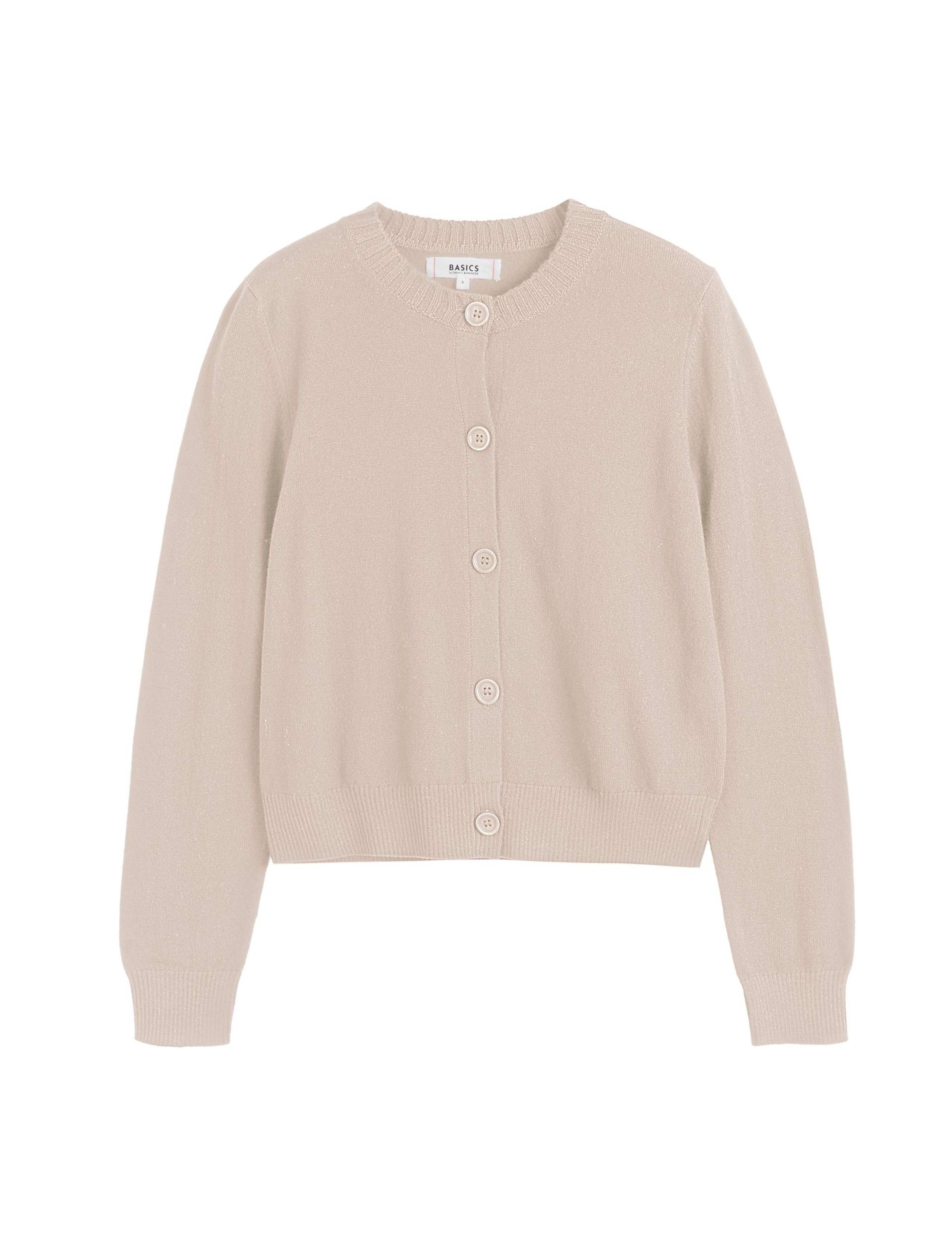 Wool Rich Crew Neck Cardigan with Cashmere