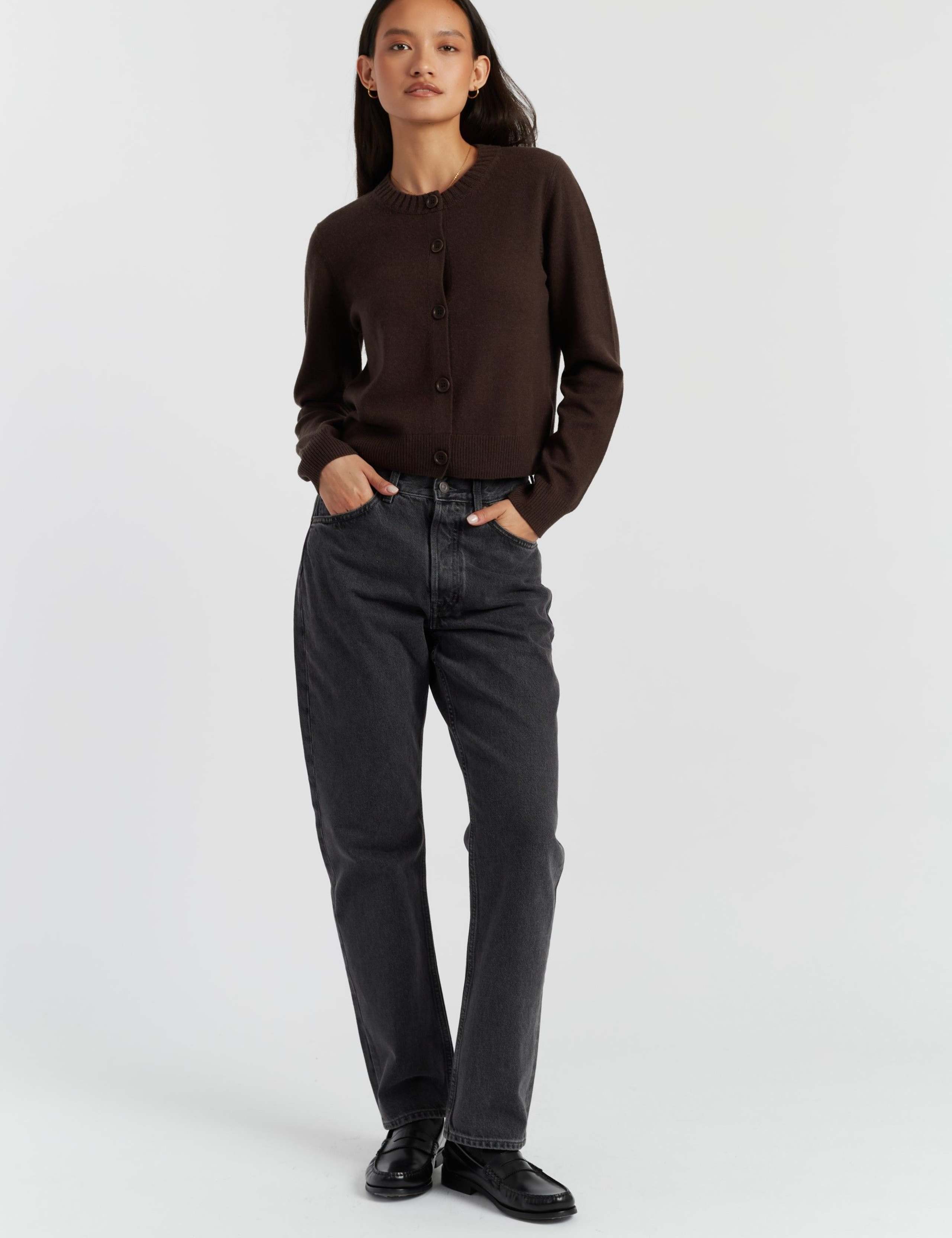 Wool Rich Crew Neck Cardigan with Cashmere