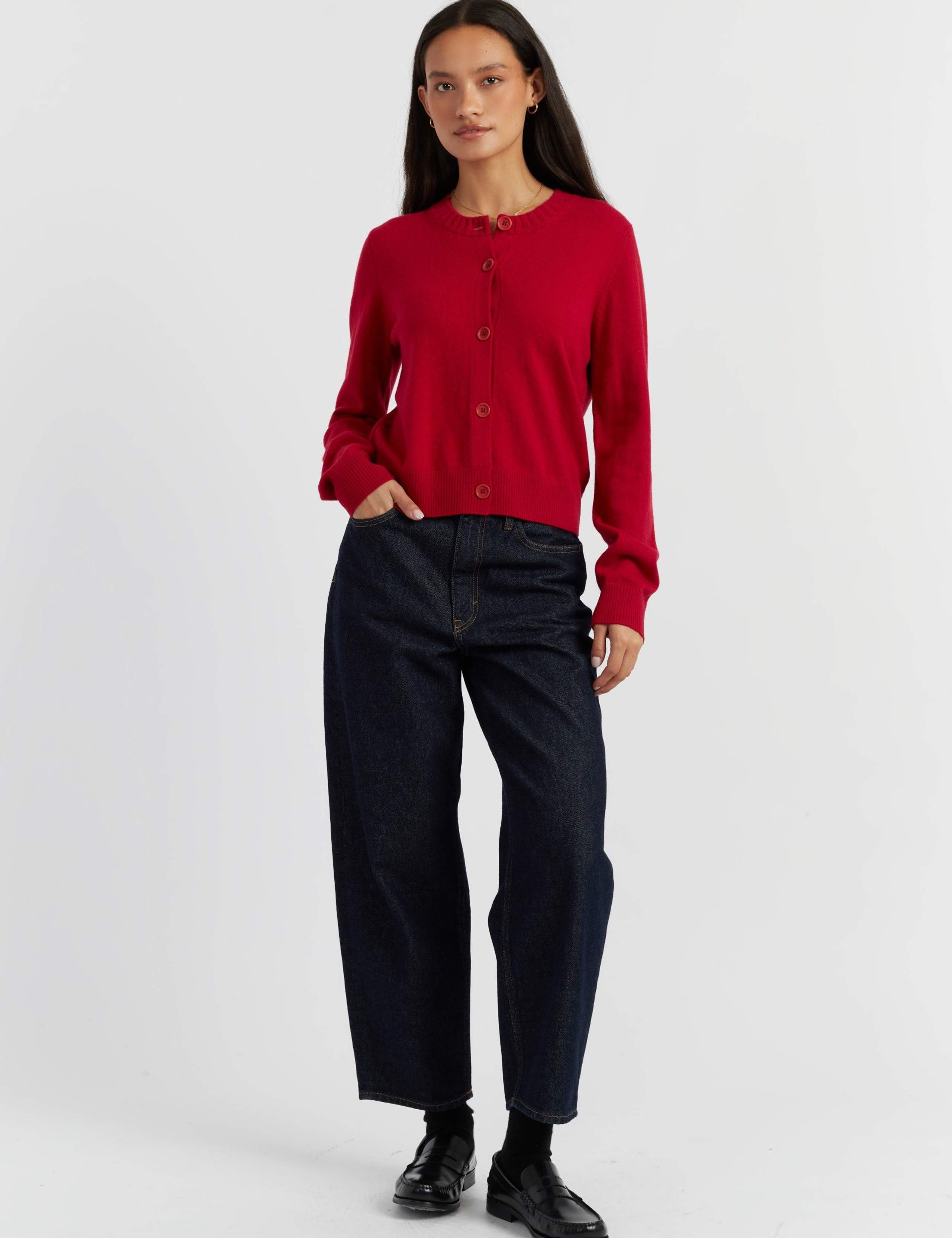 Wool Rich Crew Neck Cardigan with Cashmere