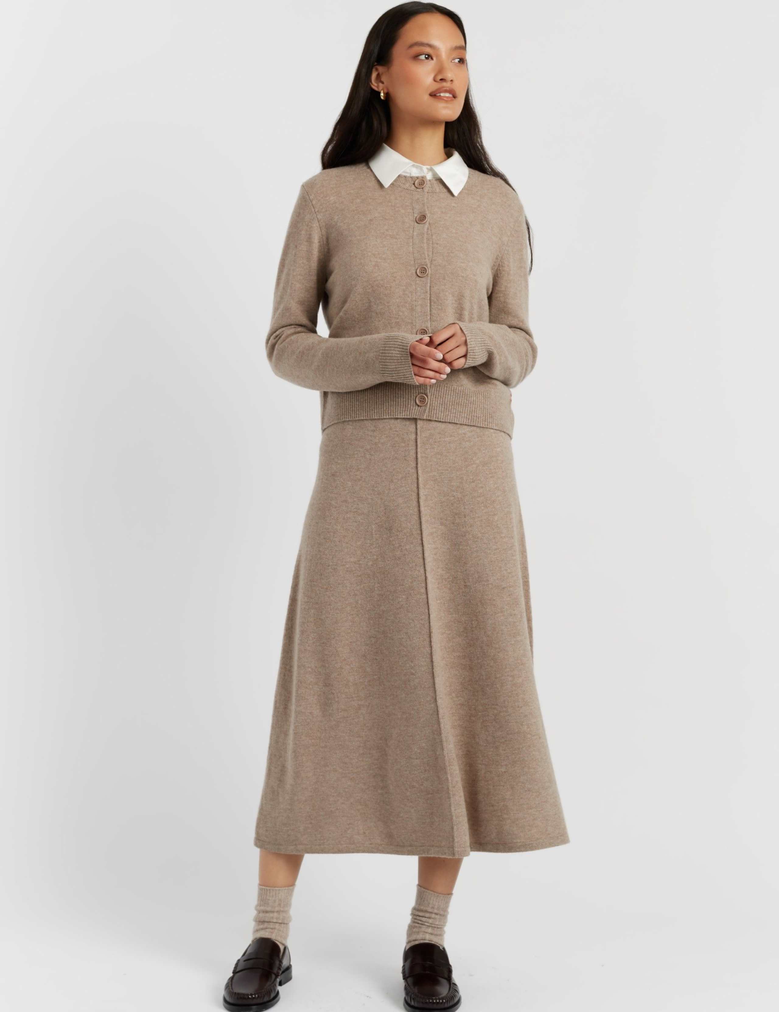 Wool Rich Crew Neck Cardigan with Cashmere