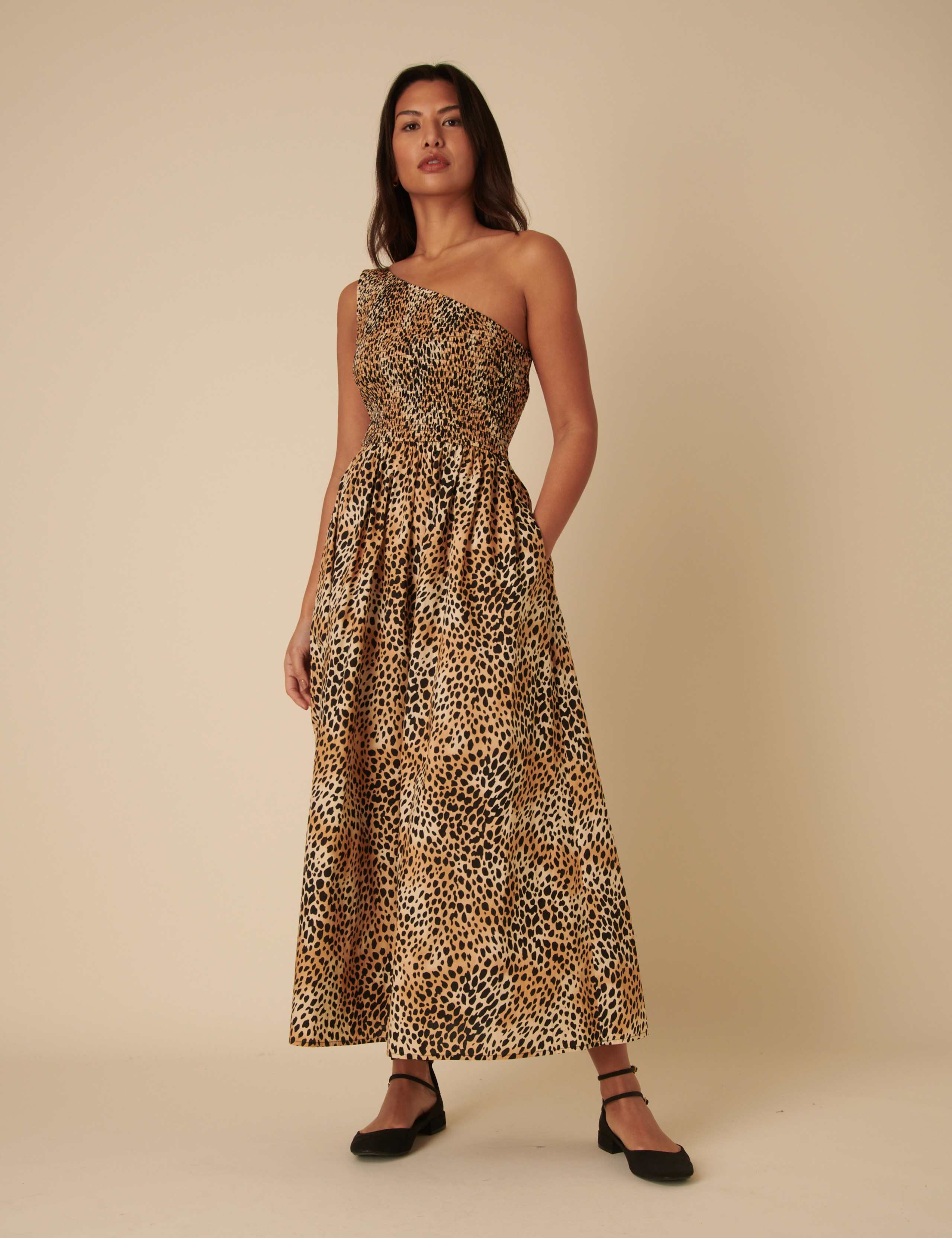 Pure Cotton Animal Print One Shoulder Midaxi Waisted Dress