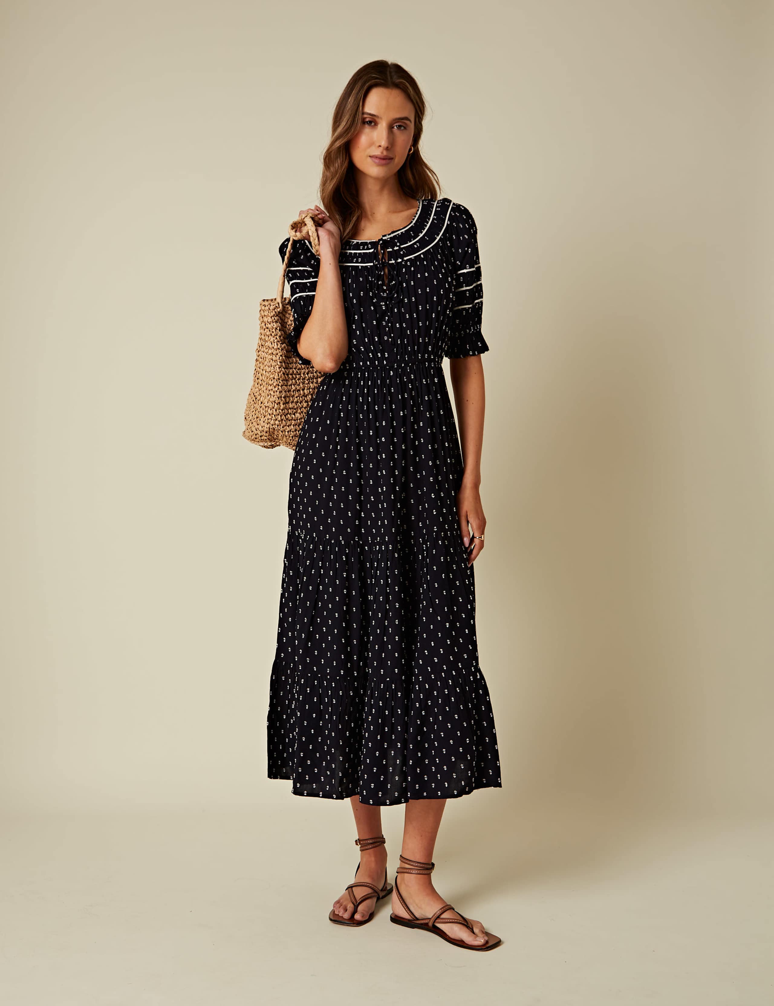 Pure Cotton Printed Tie Neck Midi Smock Dress