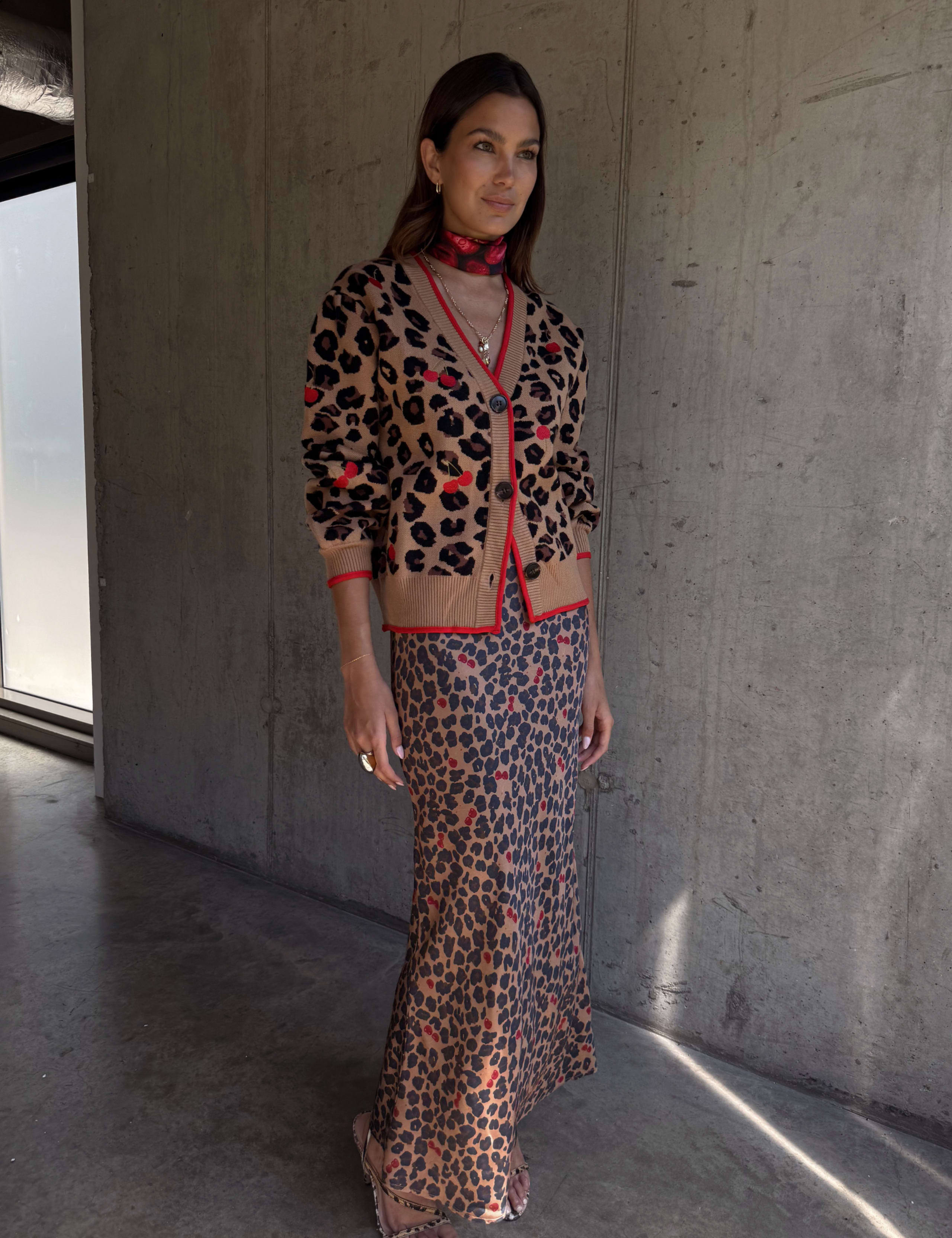 Cherry Leopard Print Maxi Slip Skirt