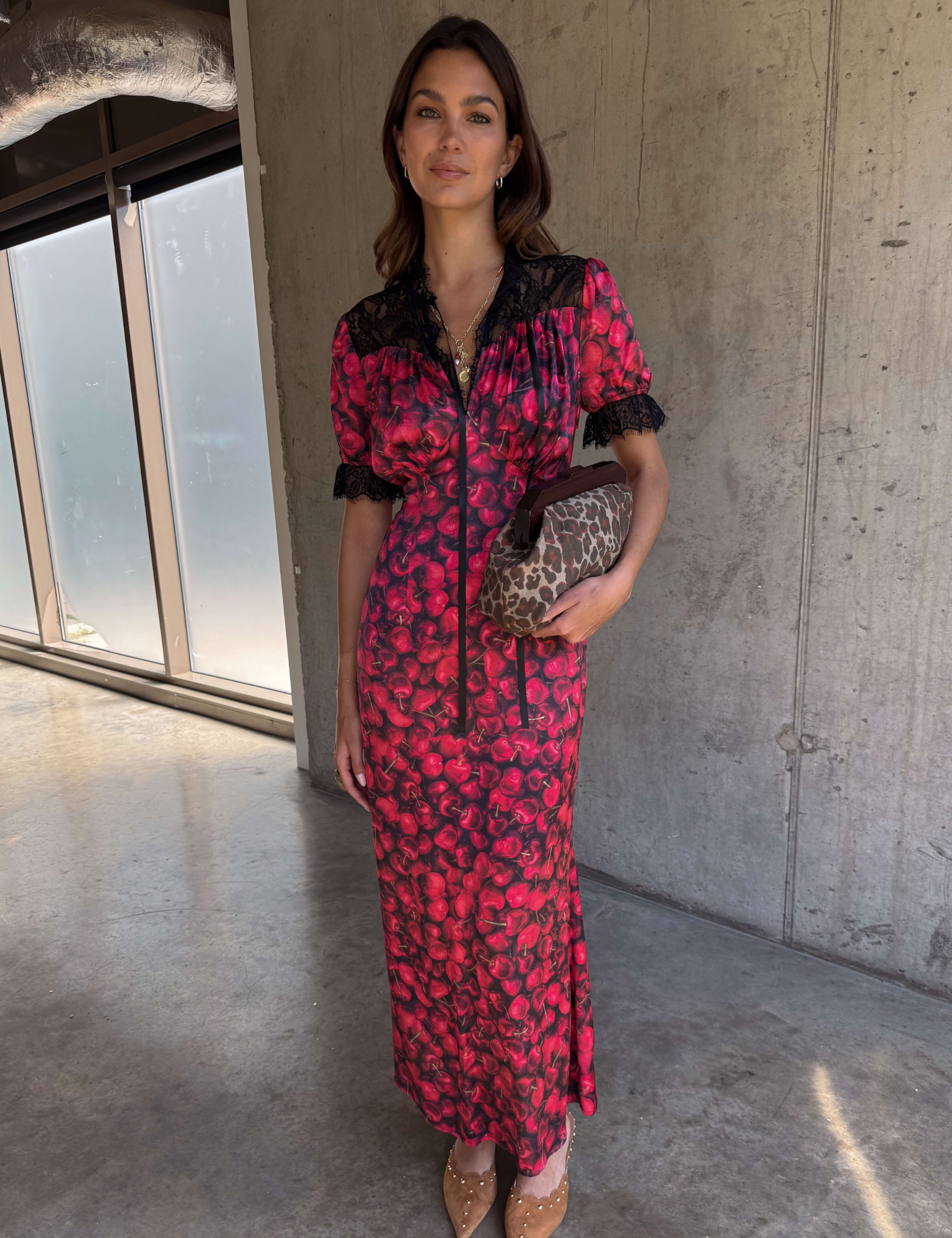 Cherry Print V-Neck Midaxi Column Dress