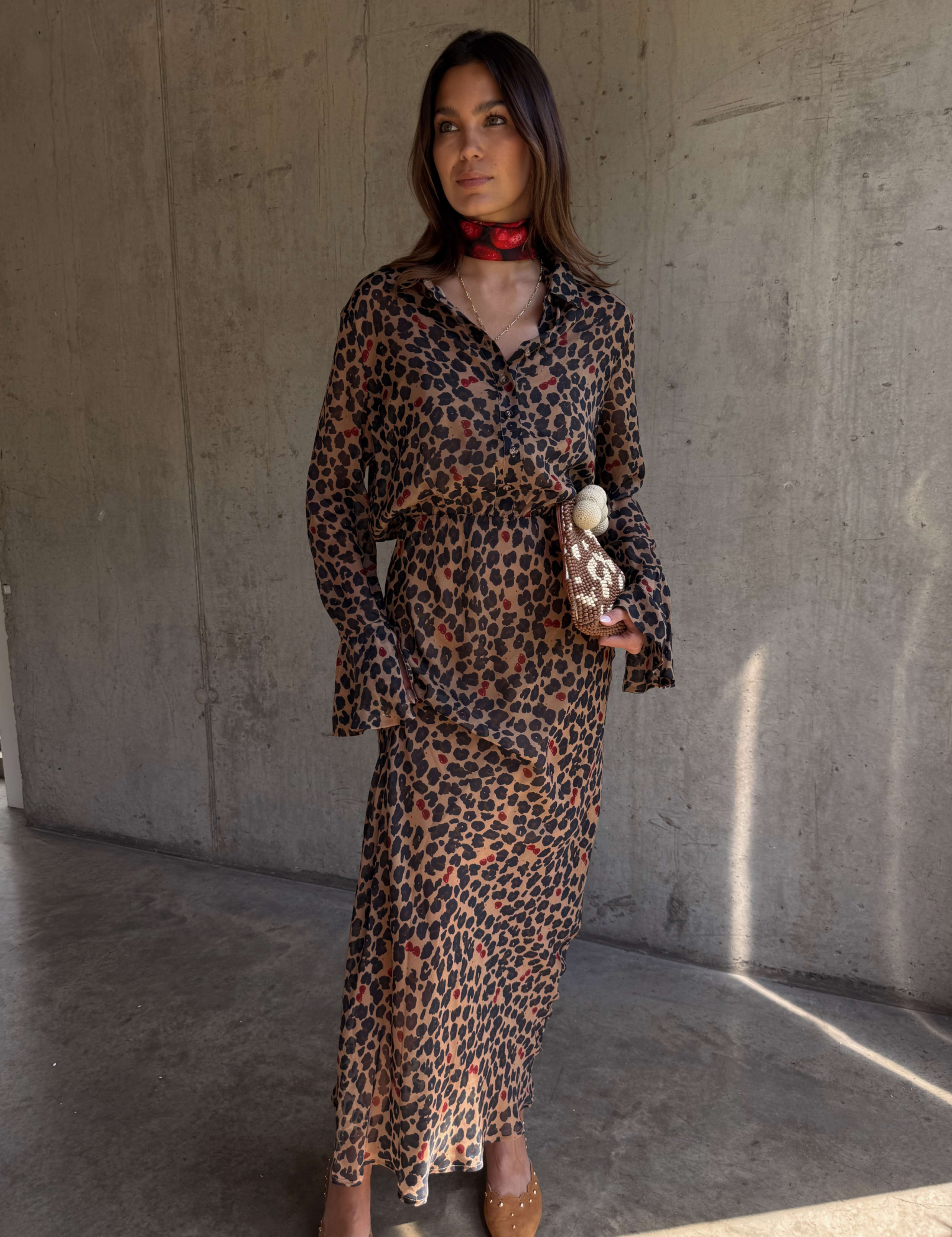 Cherry Leopard Print Maxi Waisted Dress