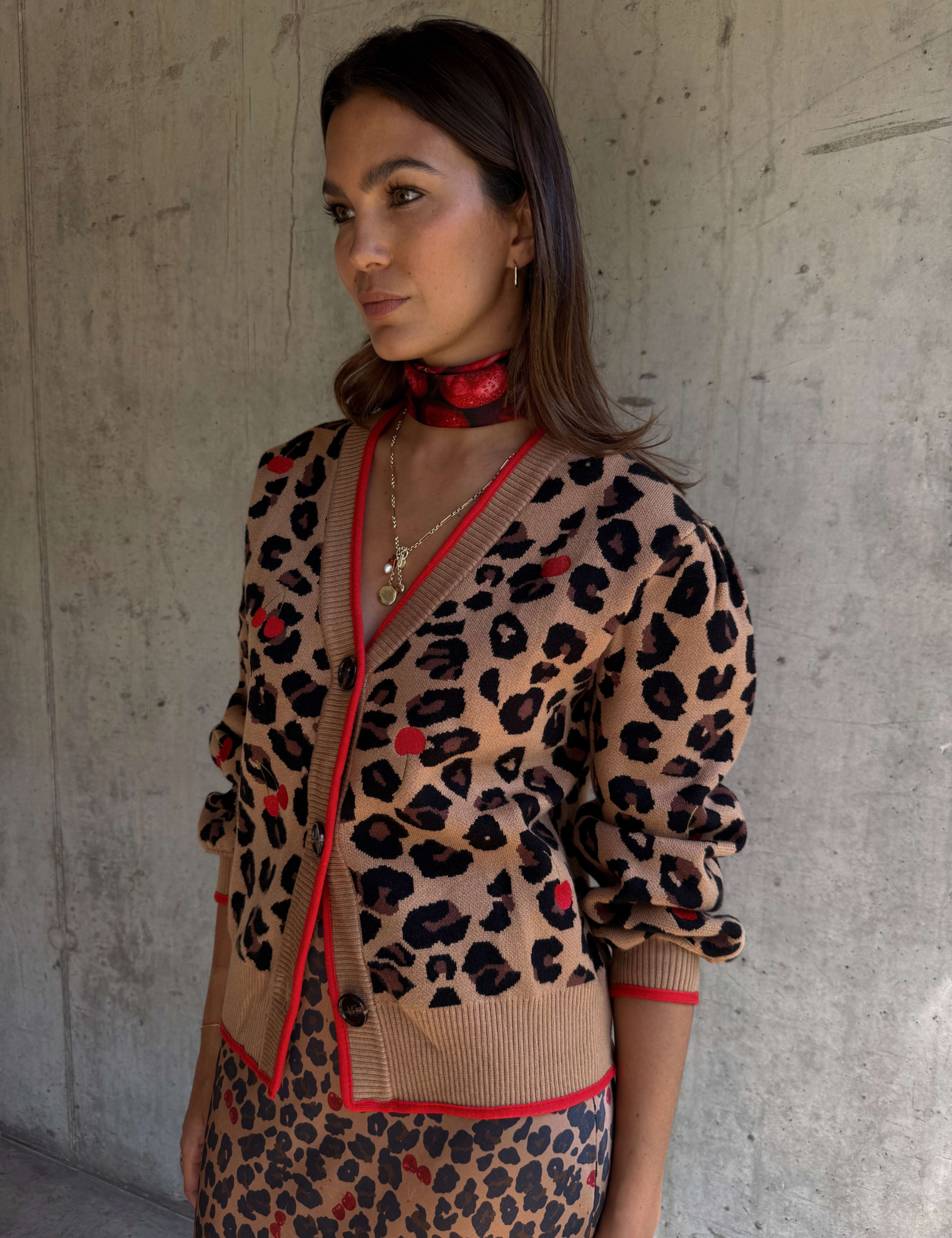 Cherry Leopard Print V-Neck Cardigan