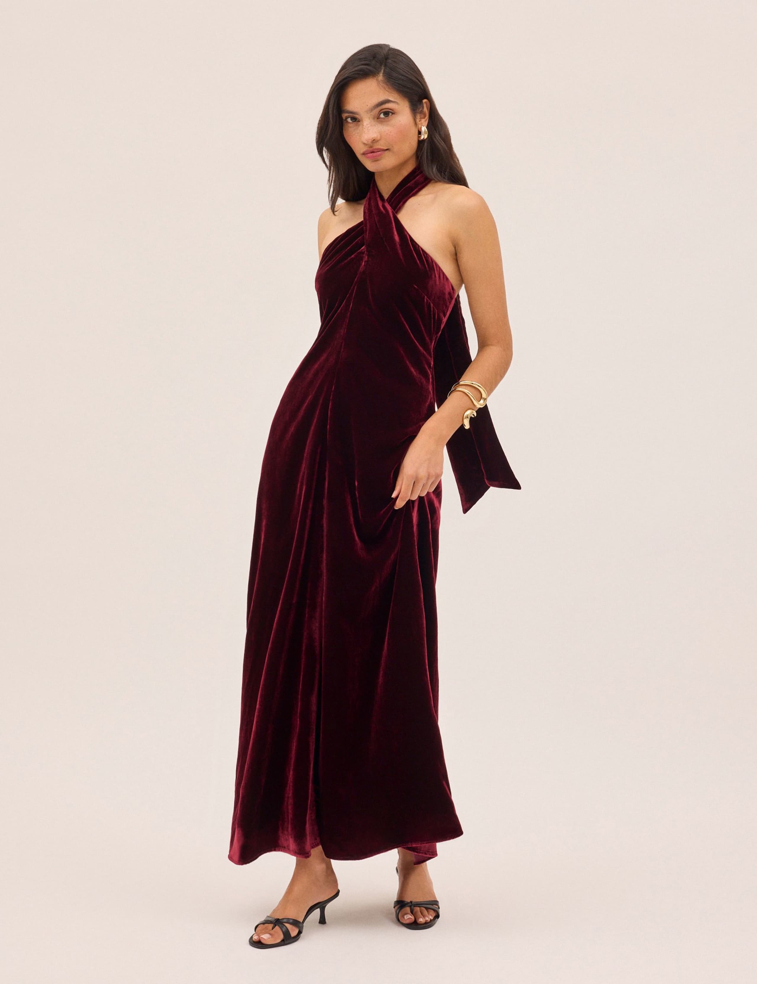 Velvet Halter Neck Maxi Waisted Dress