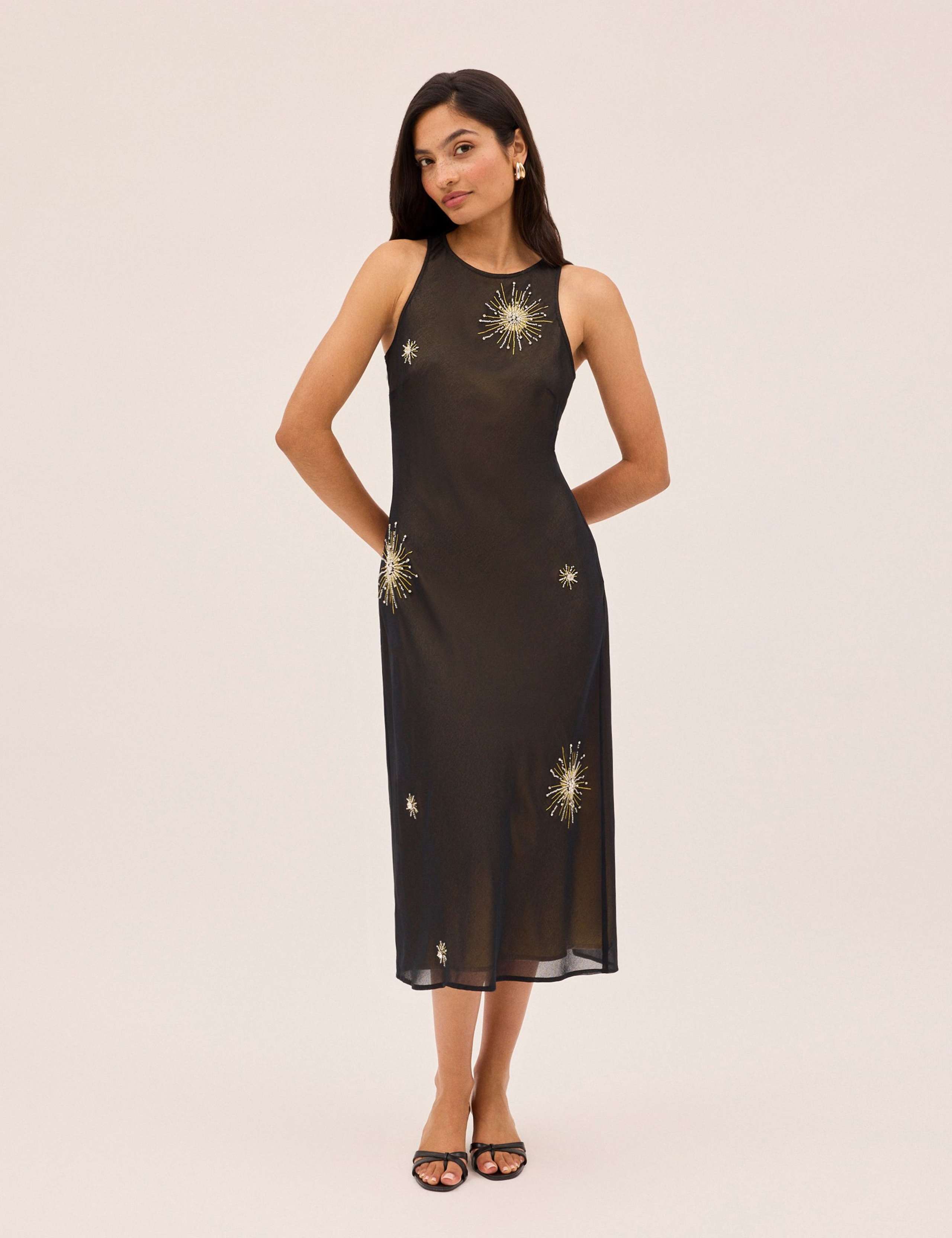 Sheer Embellished Midi Shift Dress