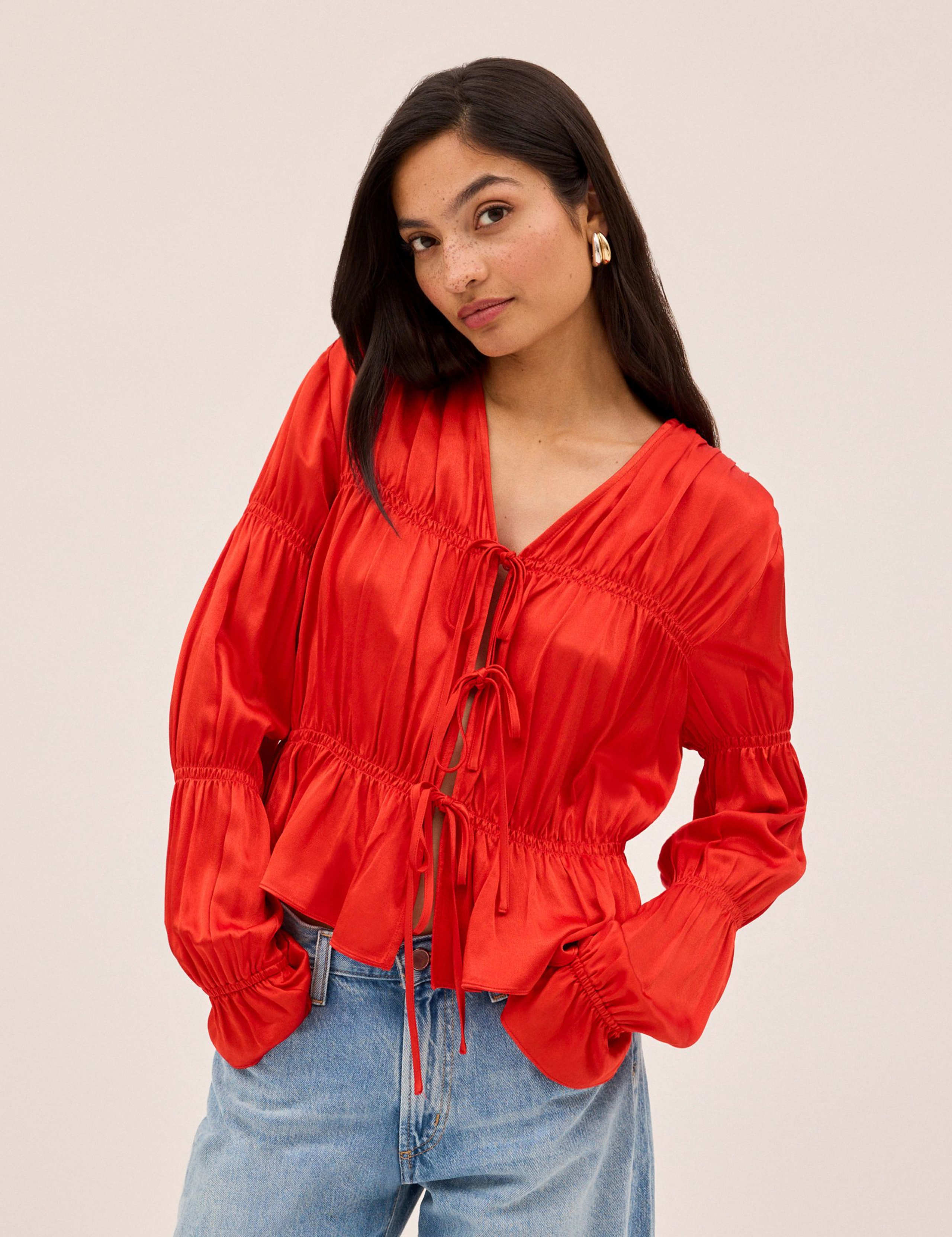 Satin V-Neck Tie Front Relaxed Blouse