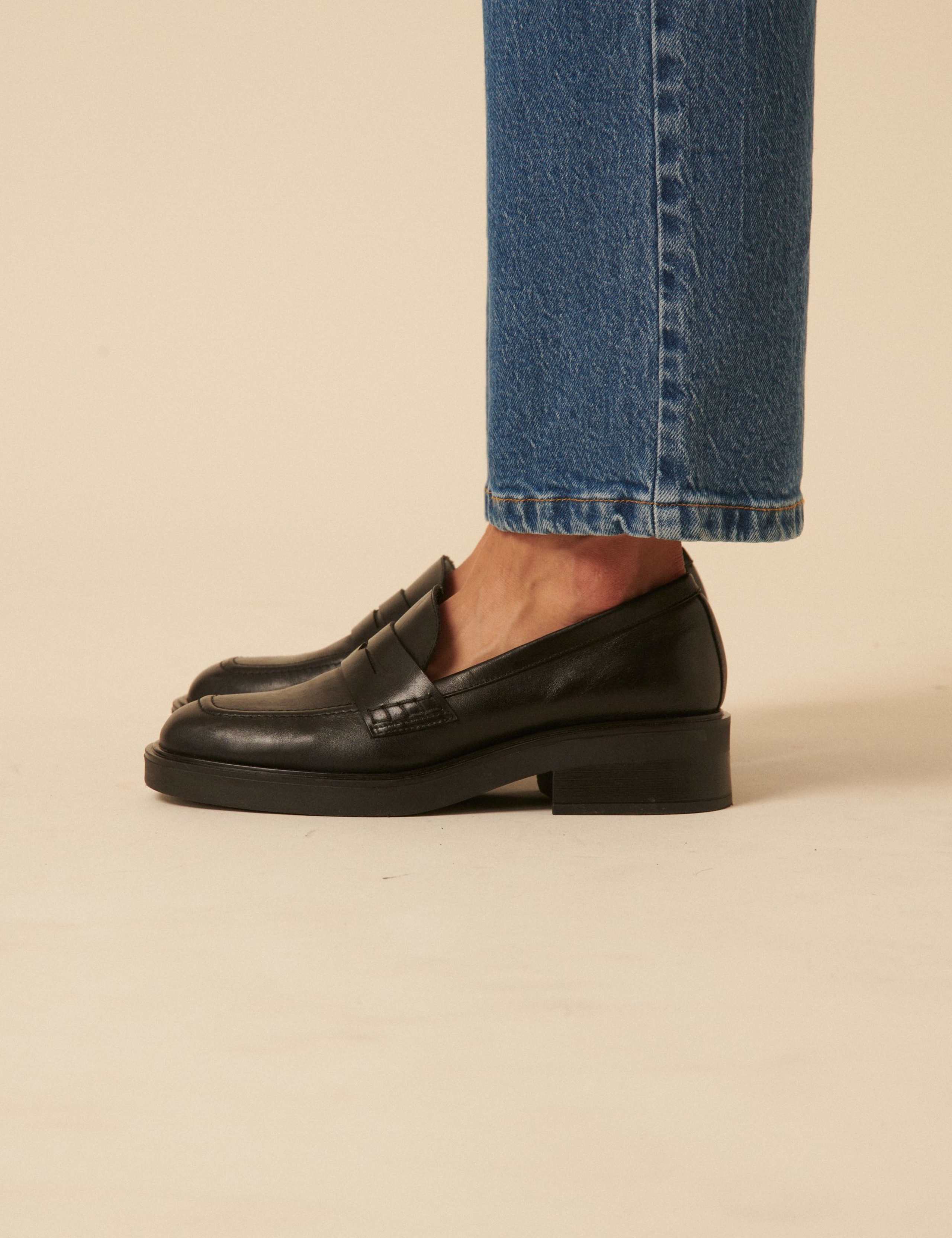 Leather Chunky Block Heel Loafers