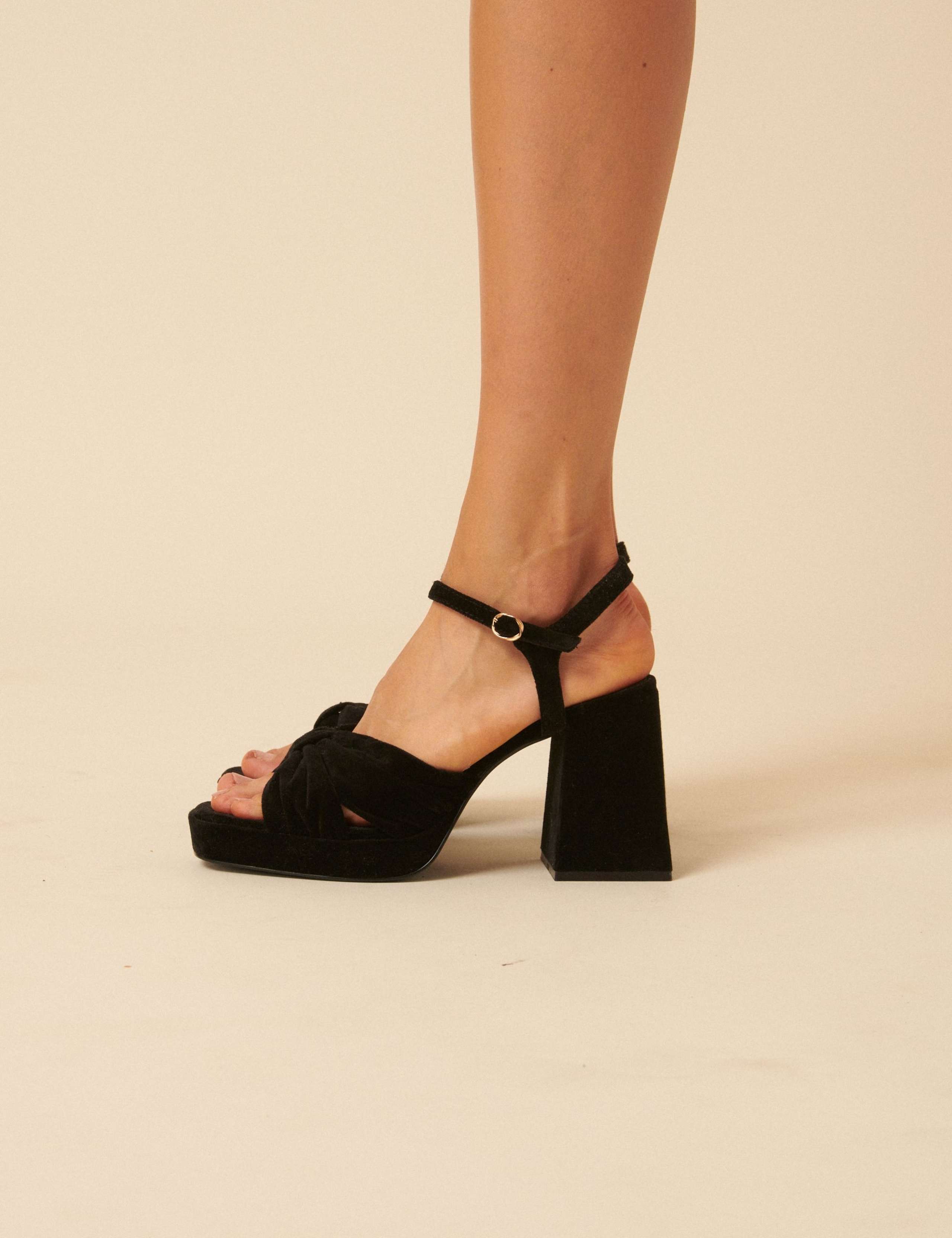 Velvet Ankle Strap Block Heel Sandals