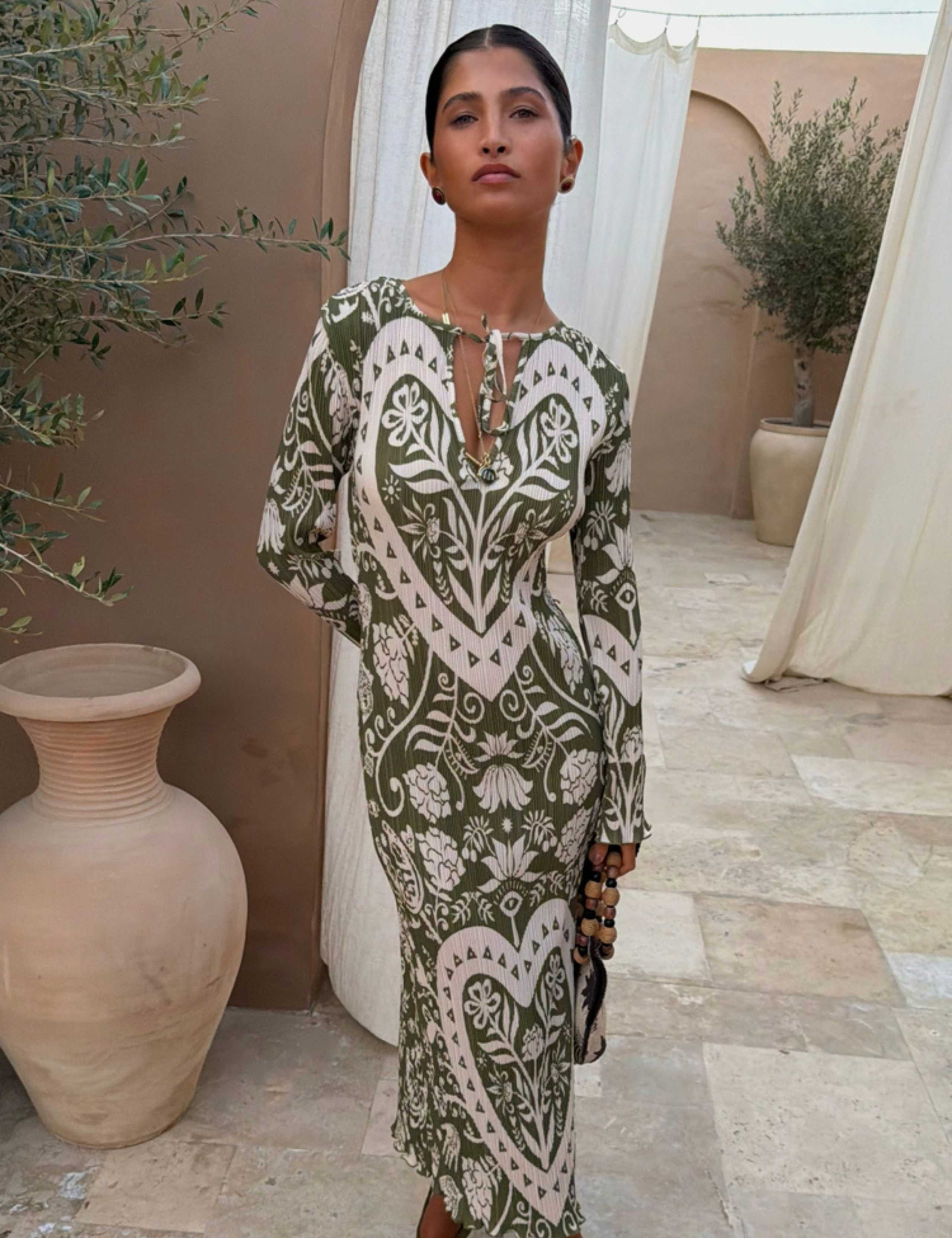 Floral Plisse Tie Neck Midi Column Dress