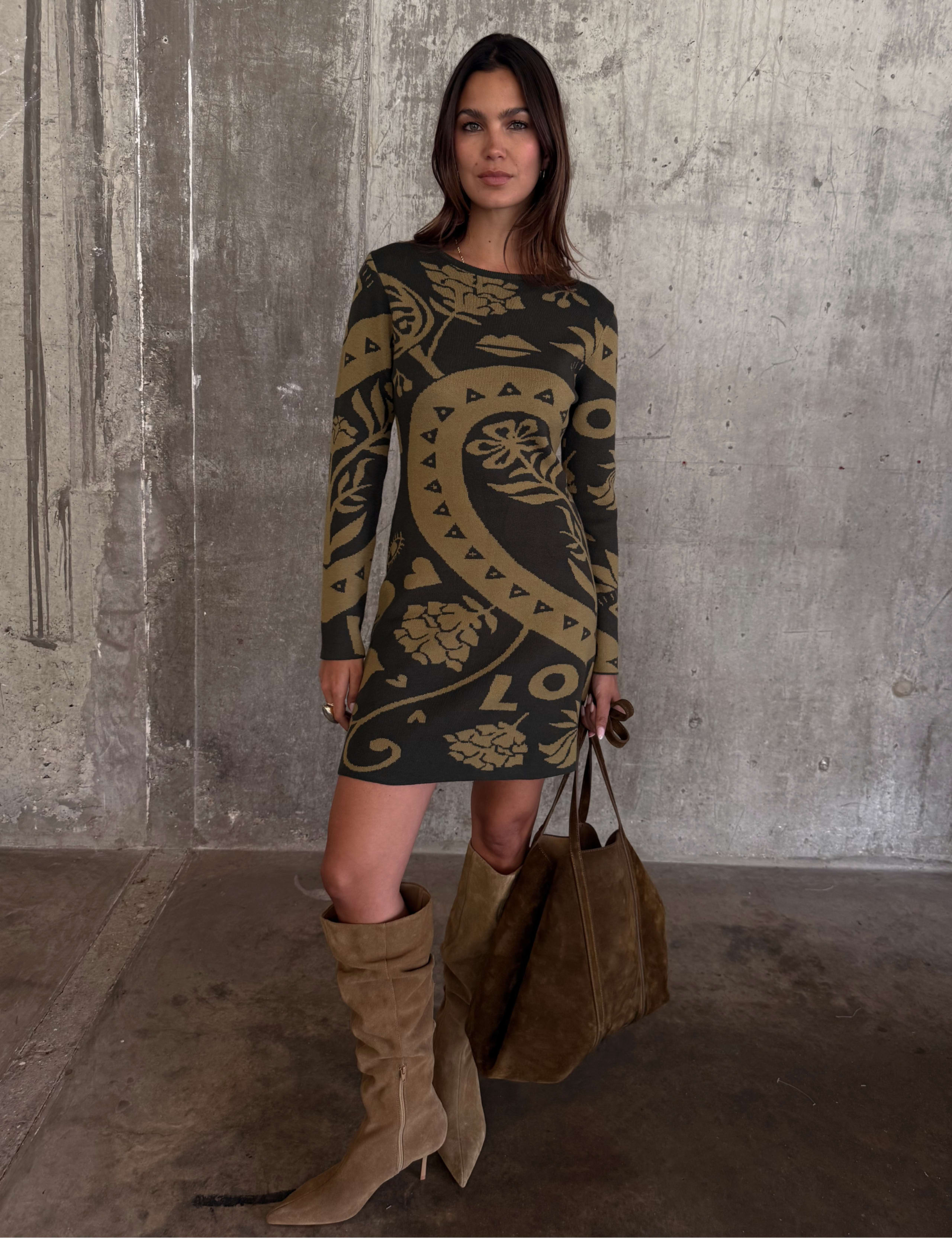 Printed Round Neck Mini Jumper Dress