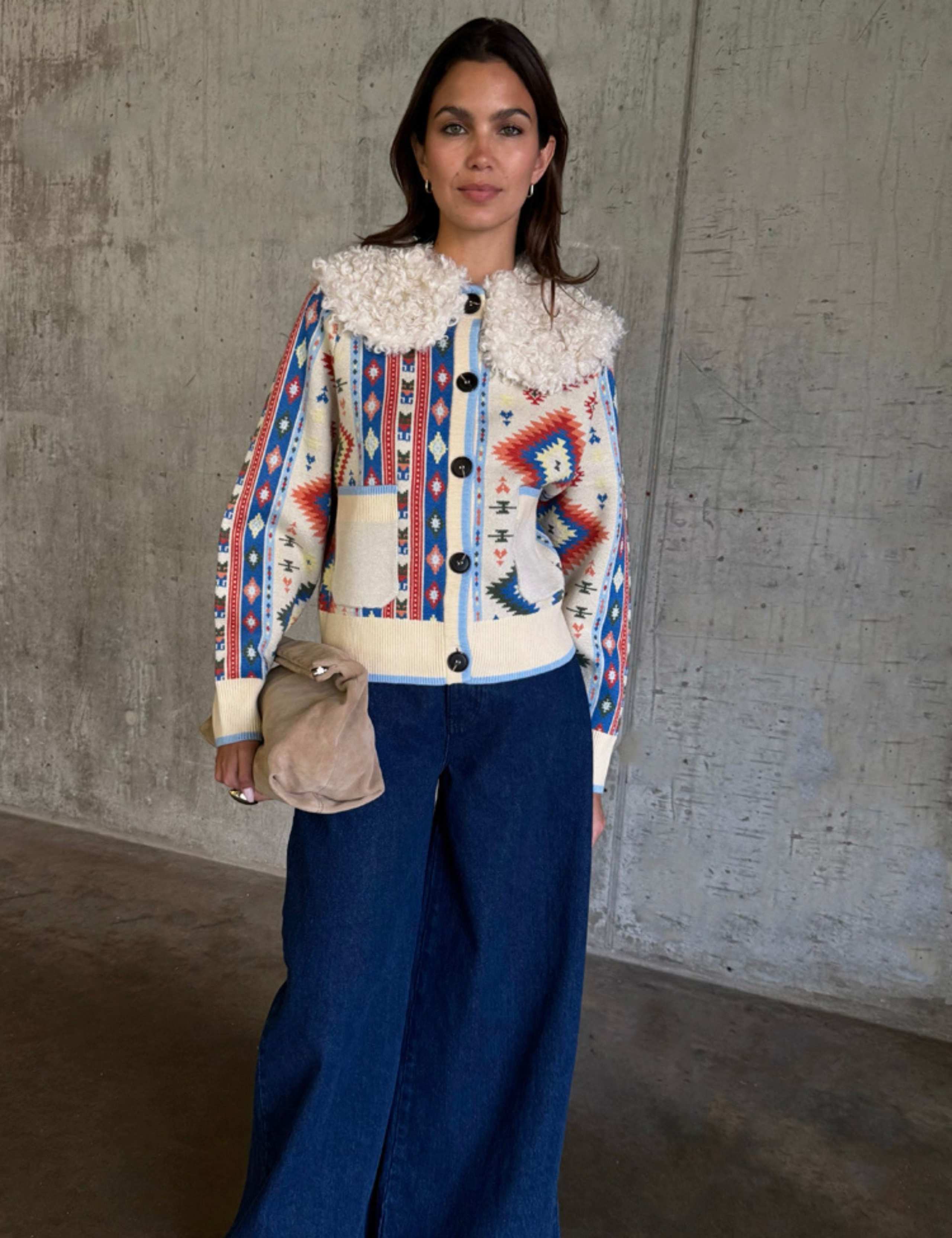 Geometric Crew Neck Button Through Cardigan