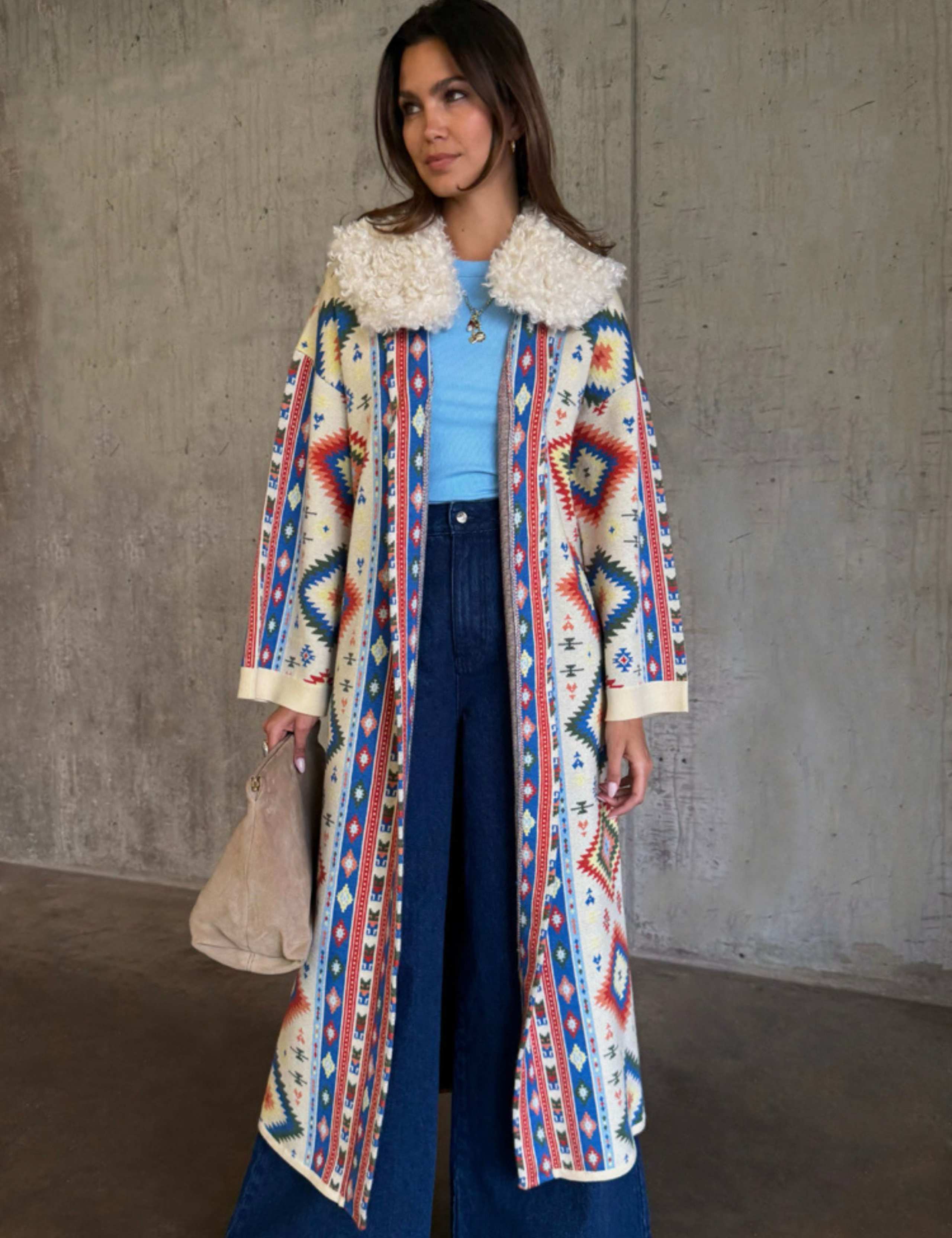 Geometric Tie Front Maxi Coatigan