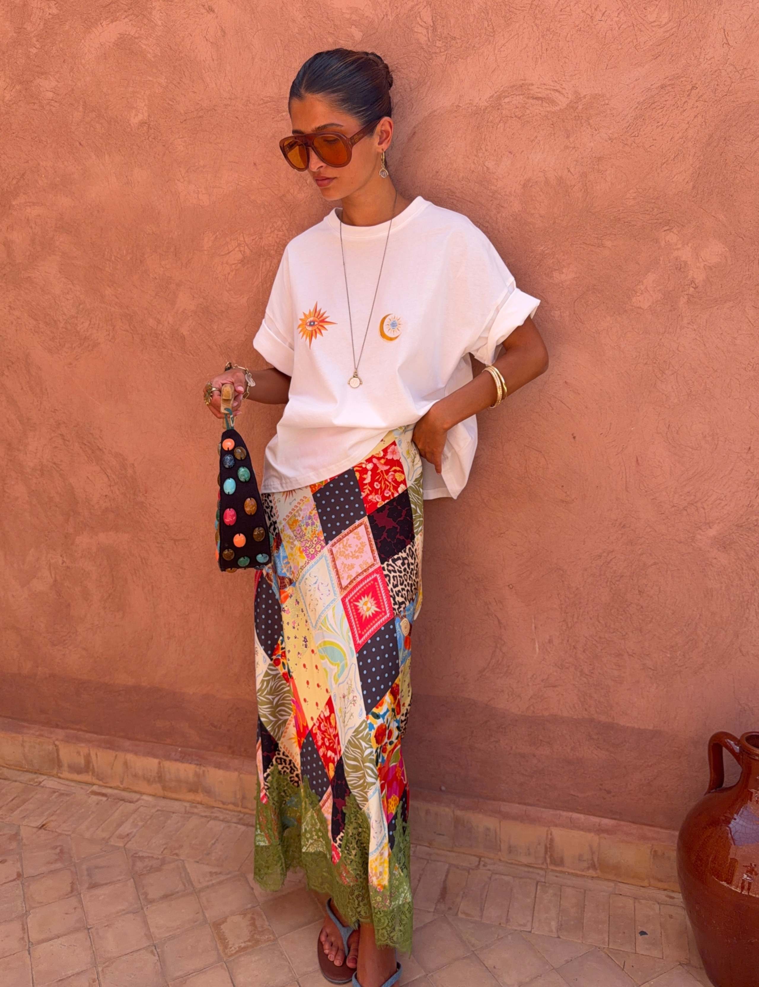 Patchwork Print Lace Trim Maxi Slip Skirt