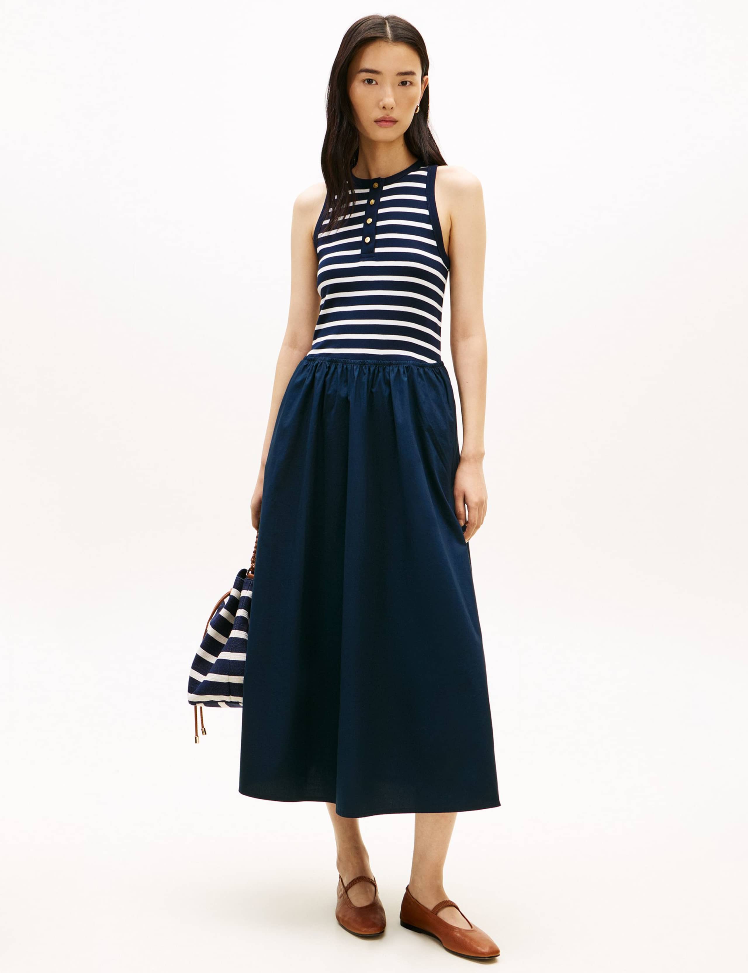 Pure Cotton Striped Midi Skater Dress