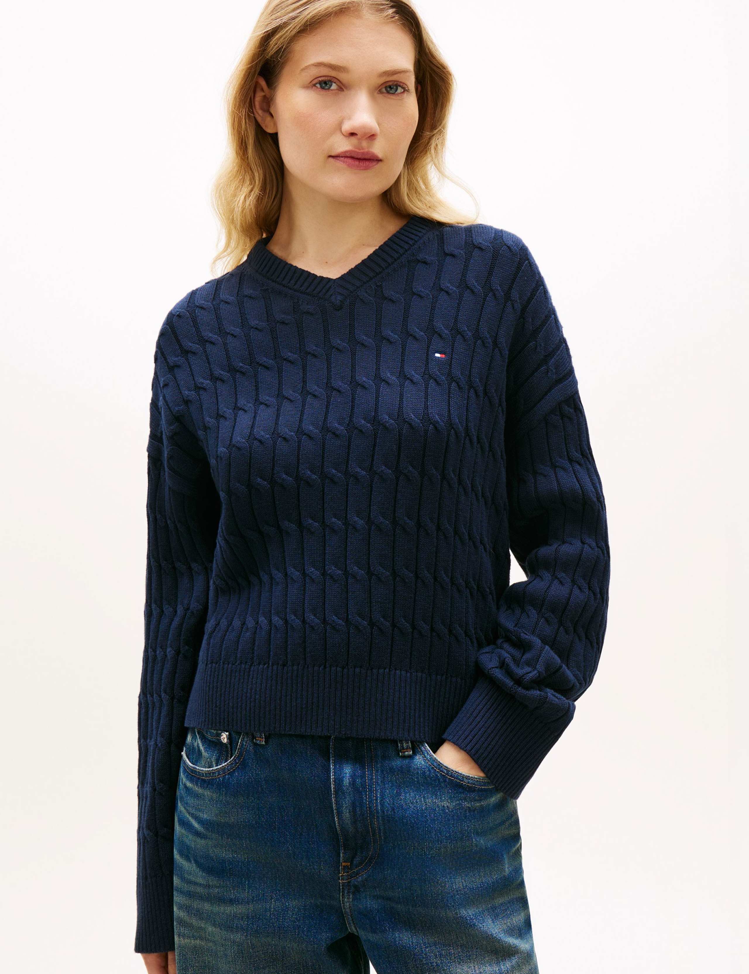 Pure Cotton Cable Knit V-Neck Jumper