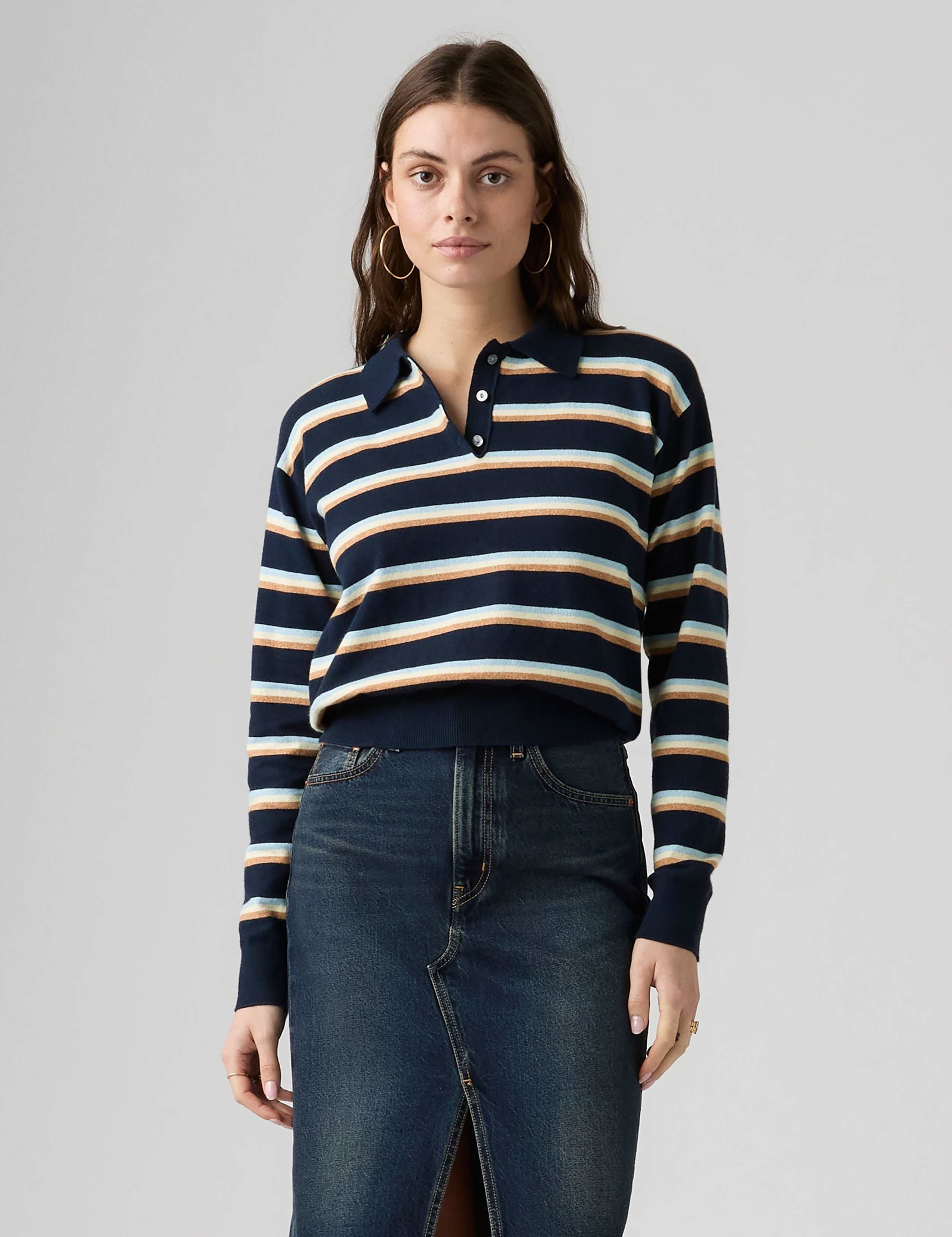 Cotton Blend Striped Polo Neck Jumper
