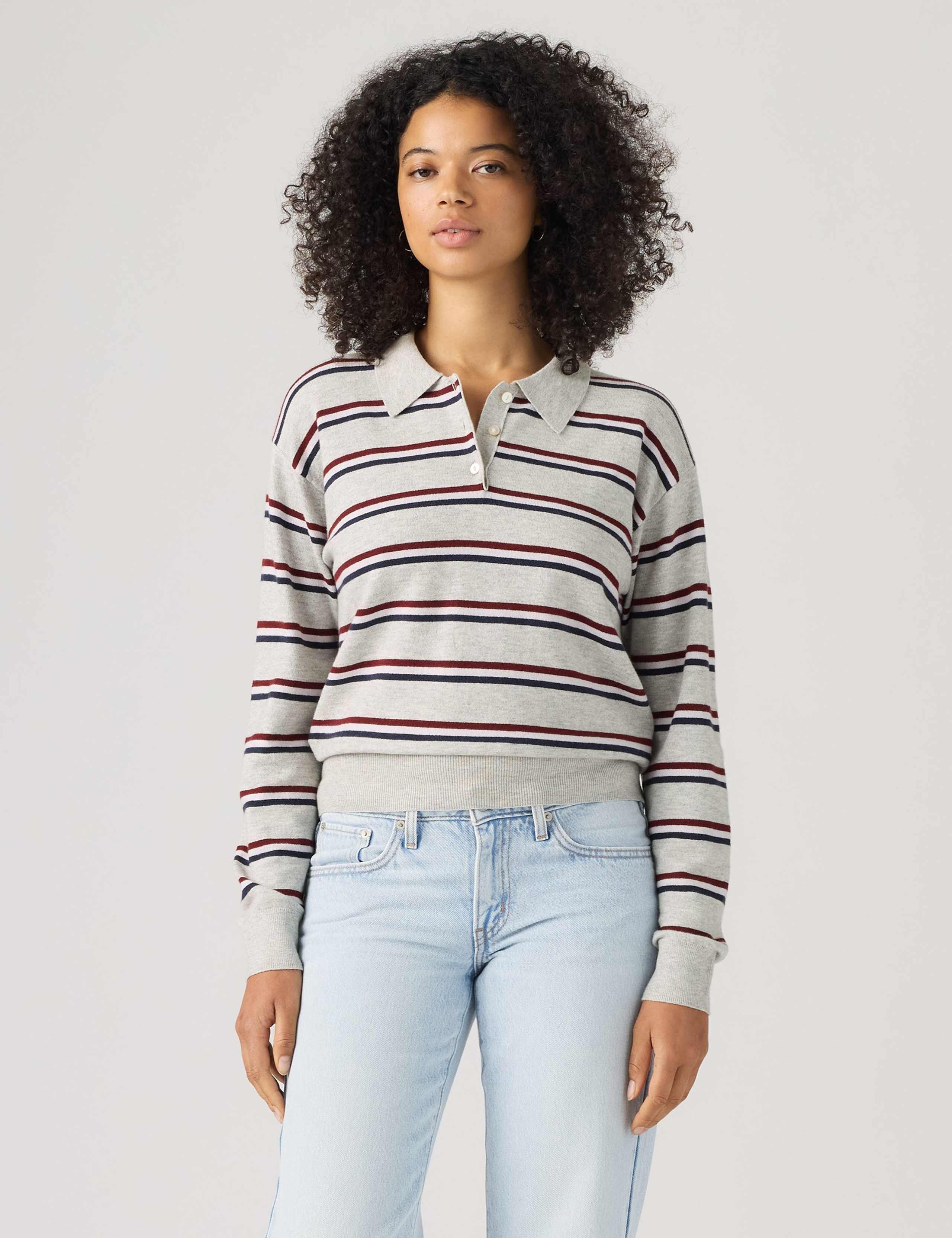 Cotton Blend Striped Polo Neck Jumper