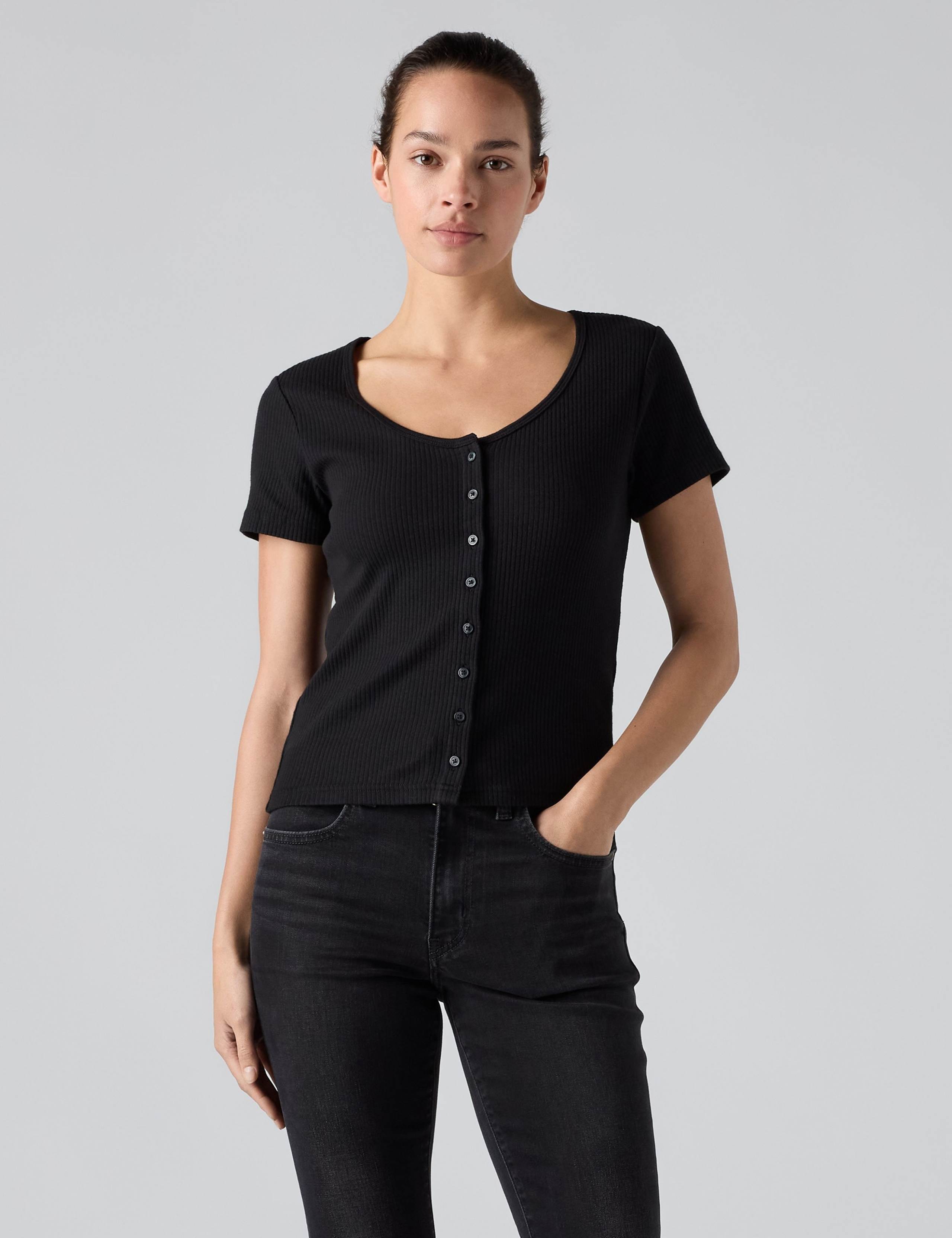 Cotton Rich Ribbed Button Through Top