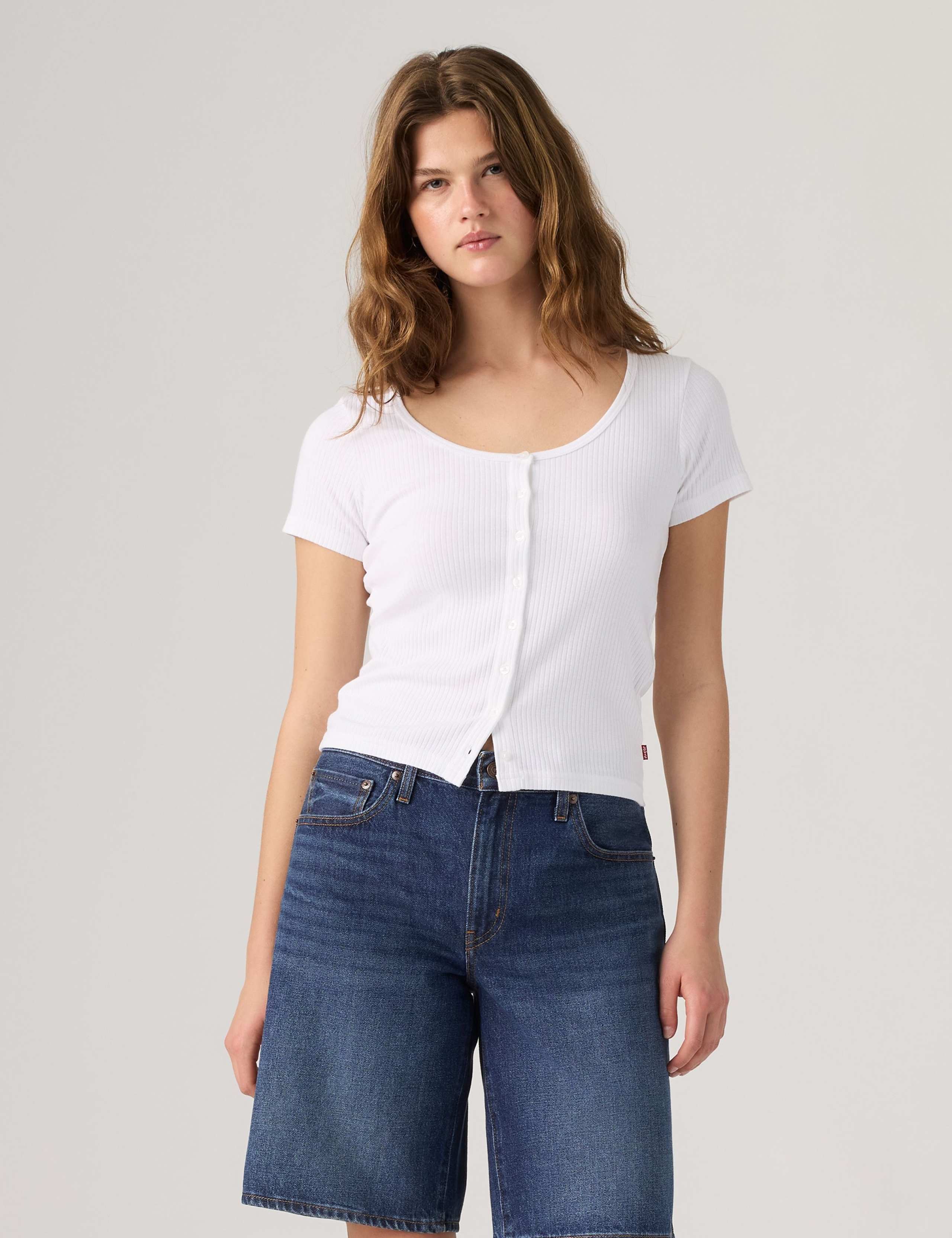 Cotton Rich Ribbed Button Through Top