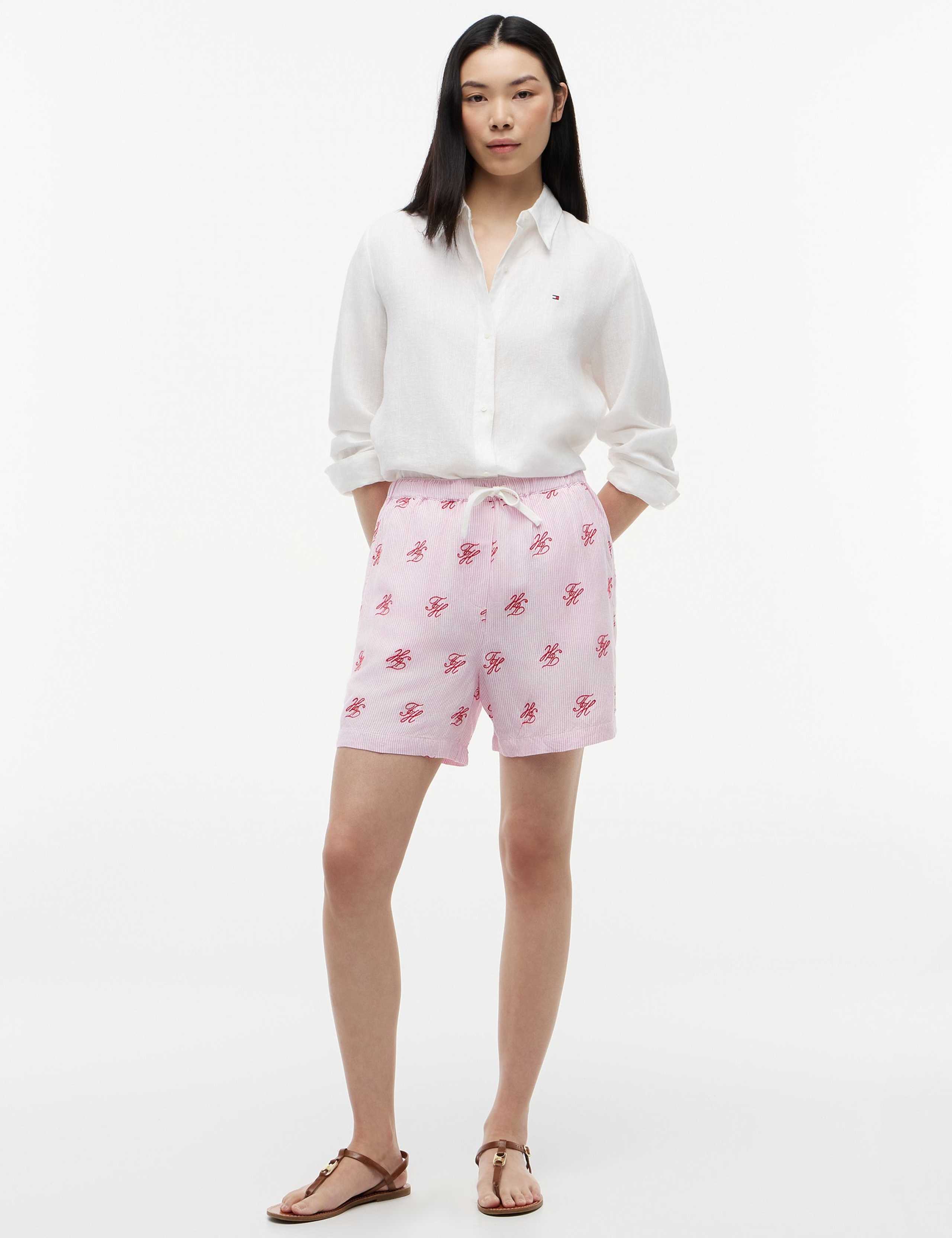 Linen Blend Striped High Waisted Shorts