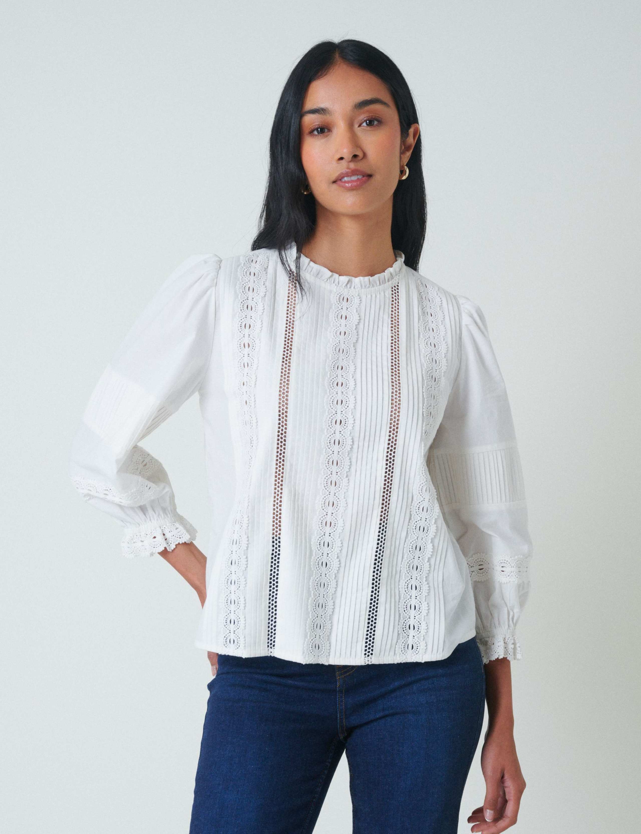 Pure Cotton Frill Neck Lace Insert Blouse