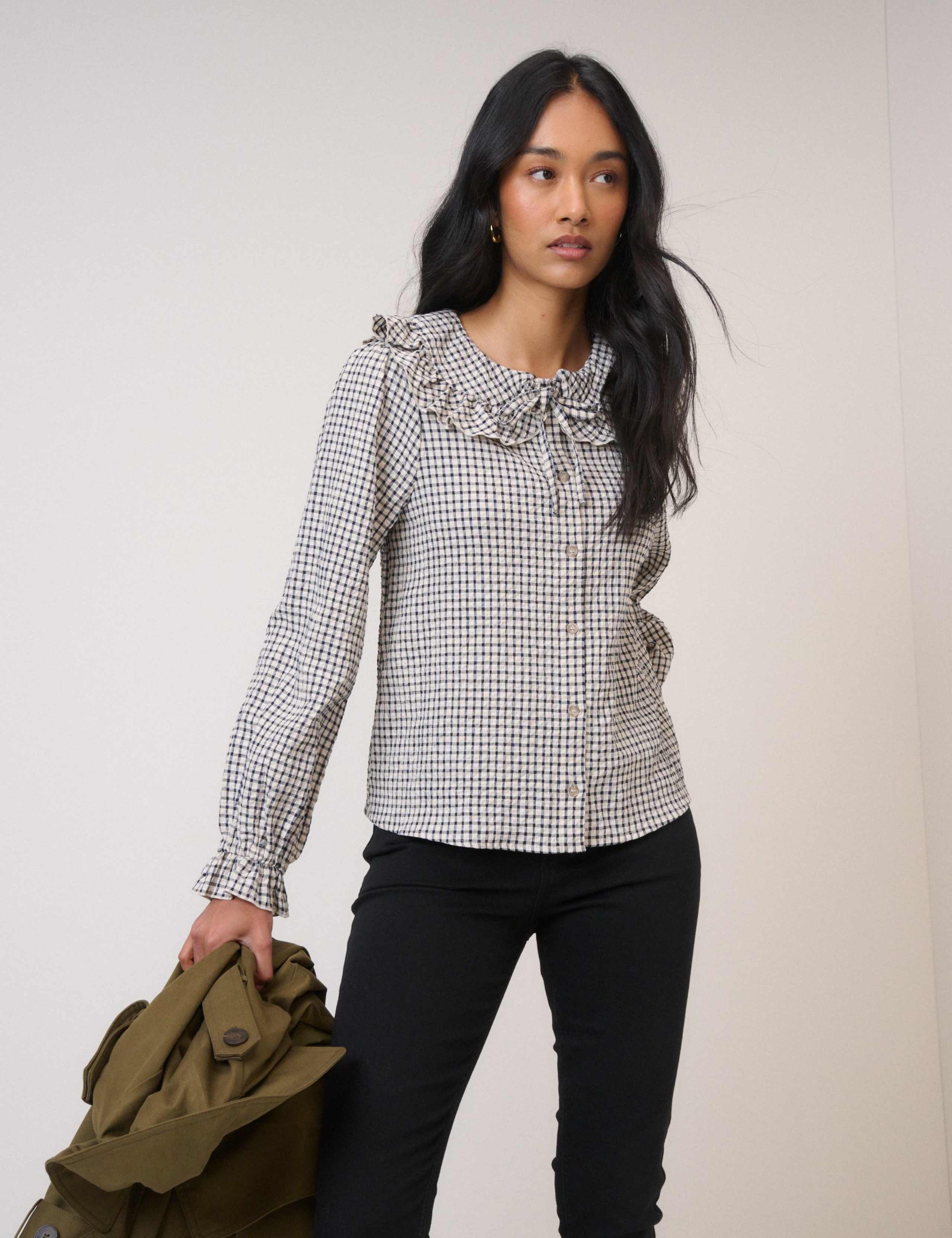 Checked Collared Ruffle Blouse
