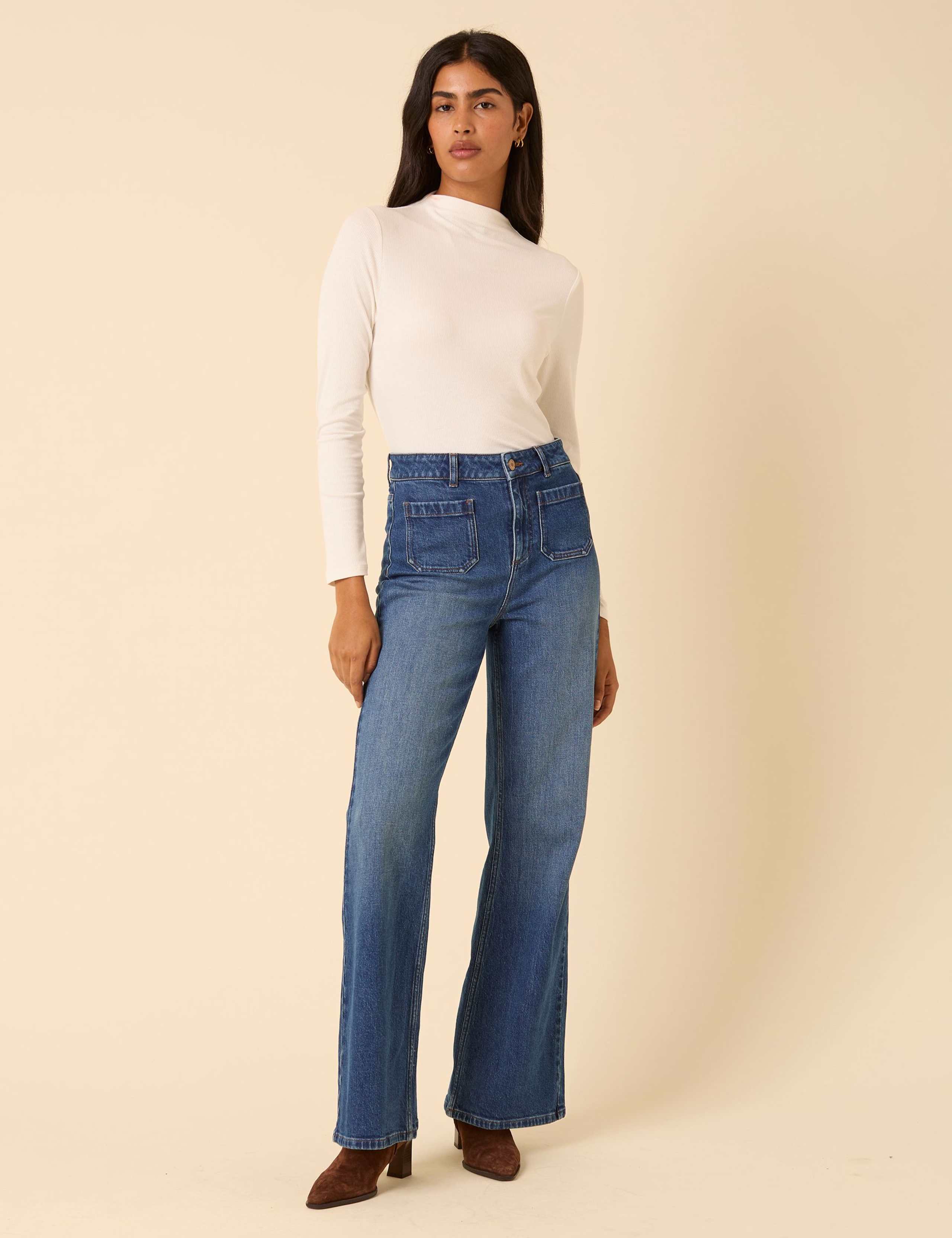 High Waisted Patch Pocket Flared Jeans