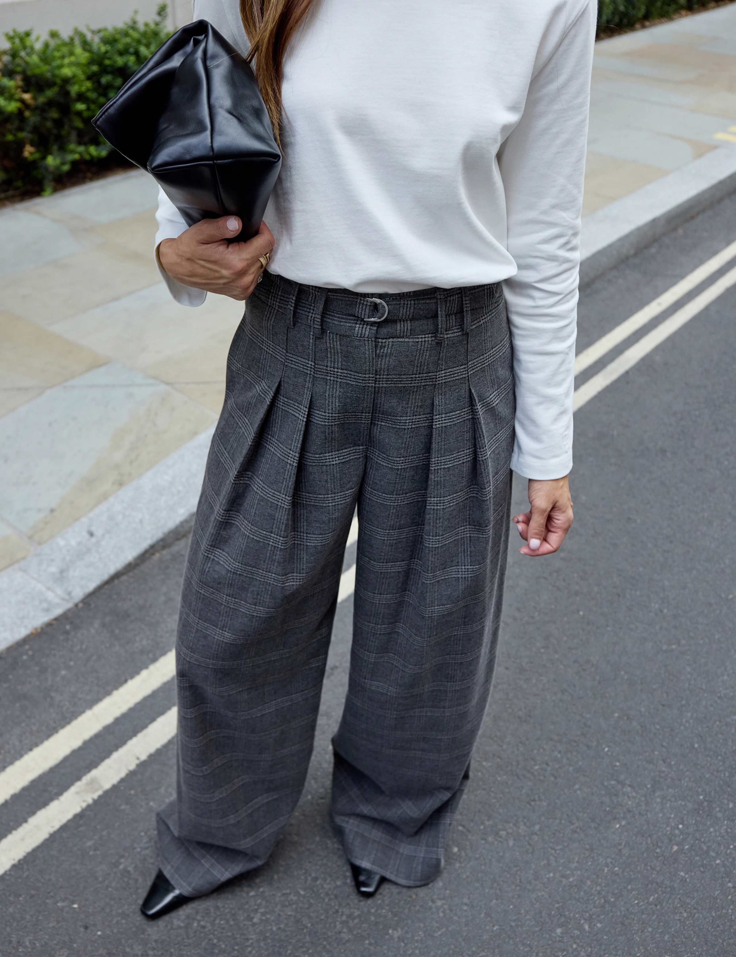 Checked Belted Tailored Wide Leg Trousers