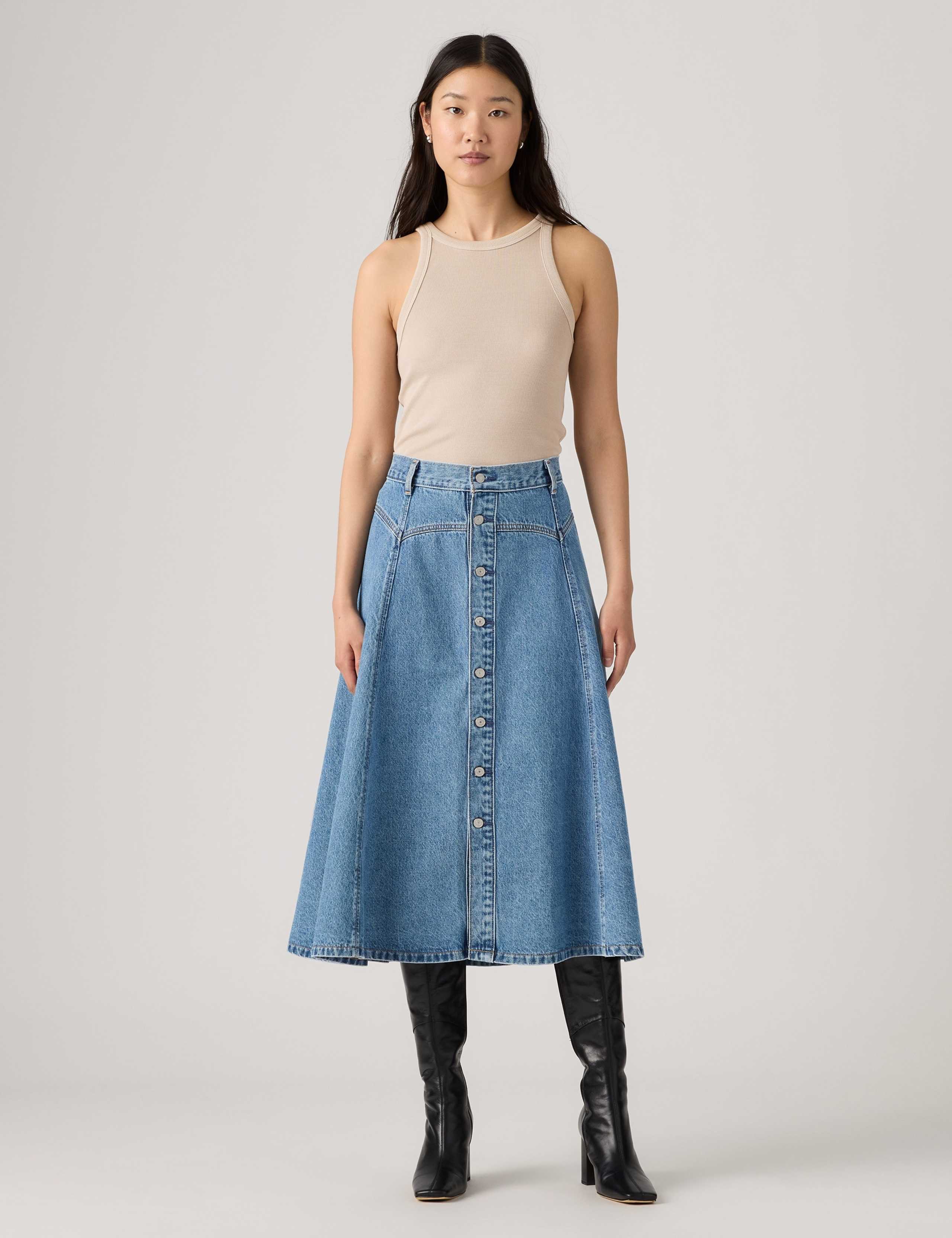 Denim Yoke Midi A-Line Skirt