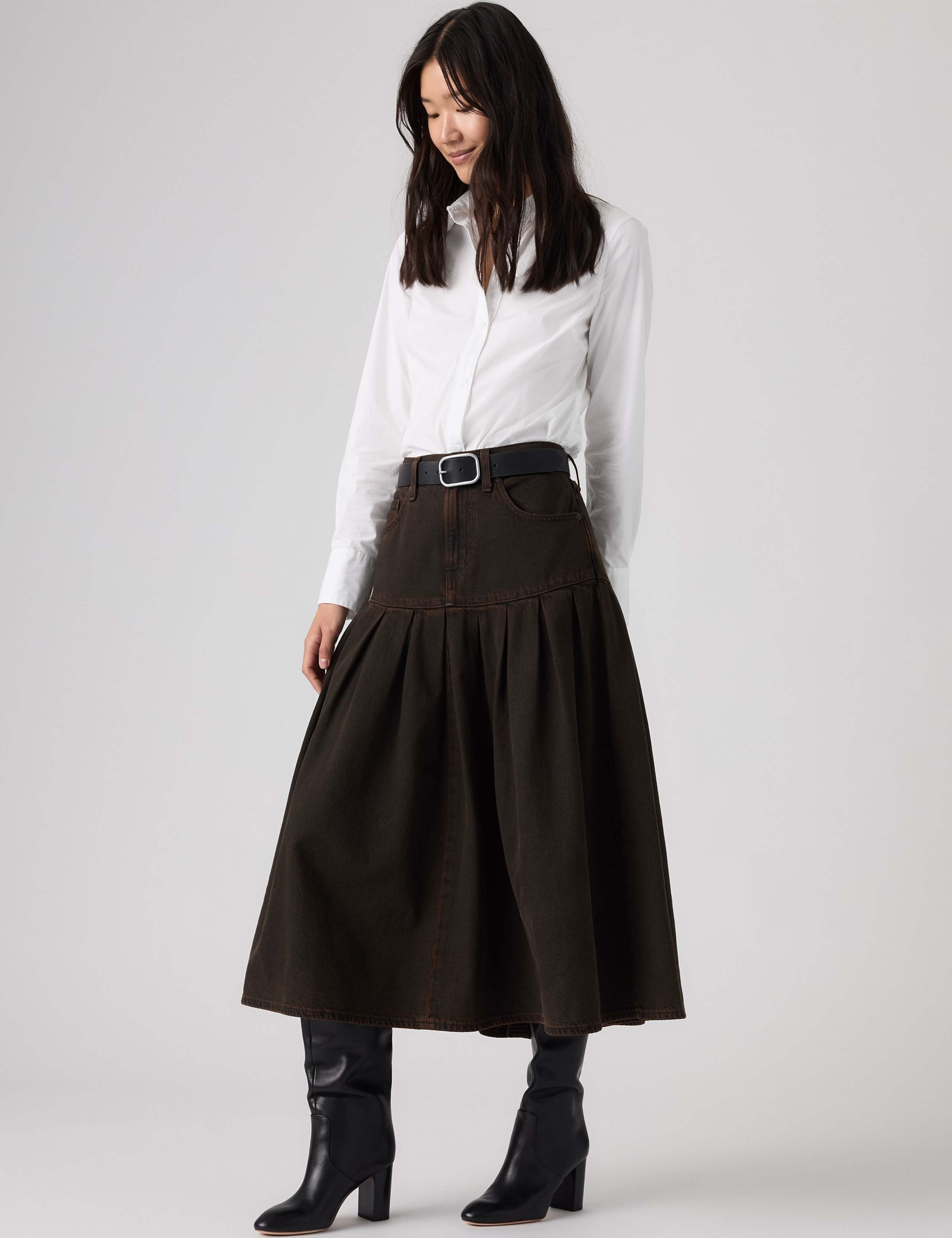 Denim Pleated Yoke Midi Skirt