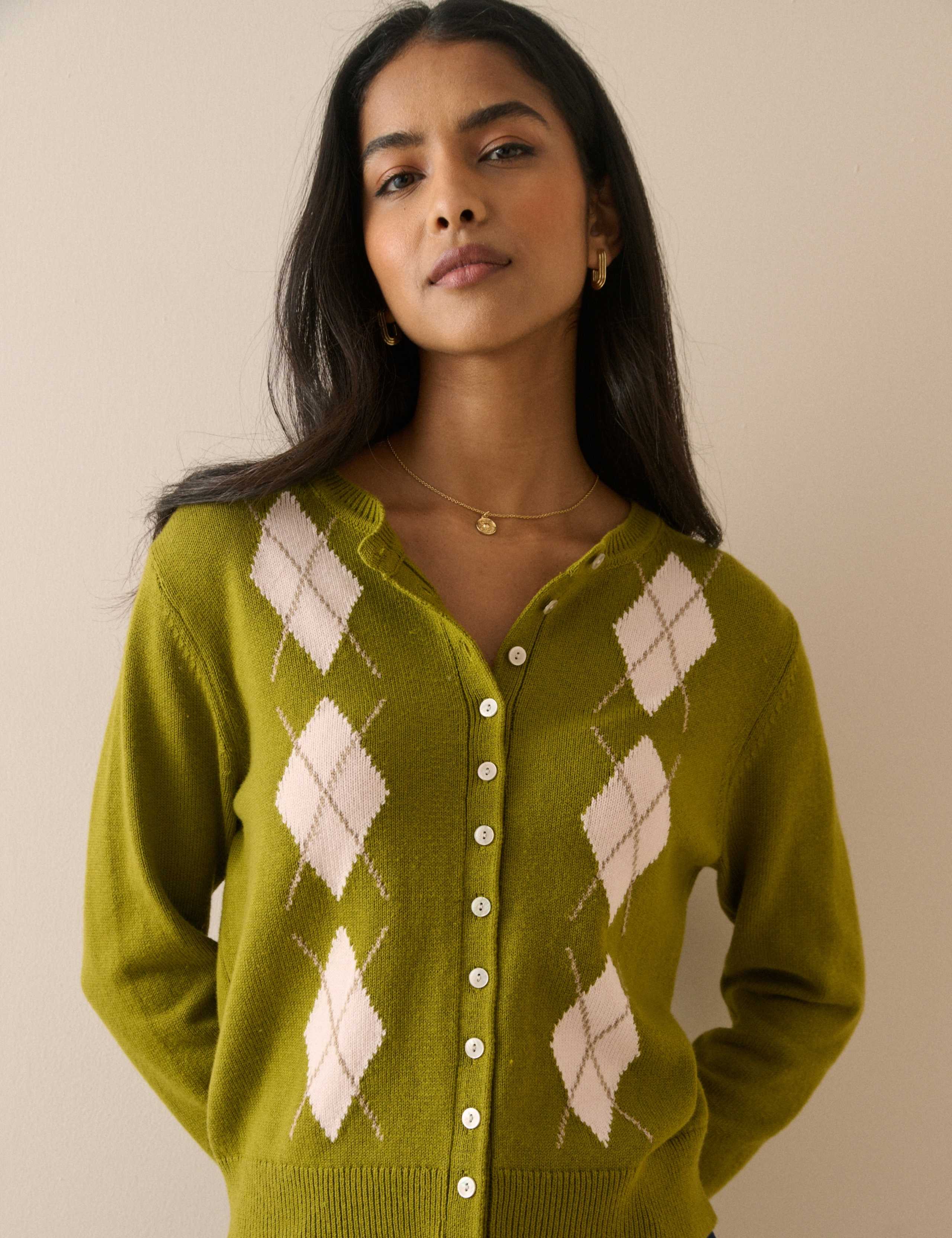 Cotton With Wool Argyle Crew Neck Cardigan