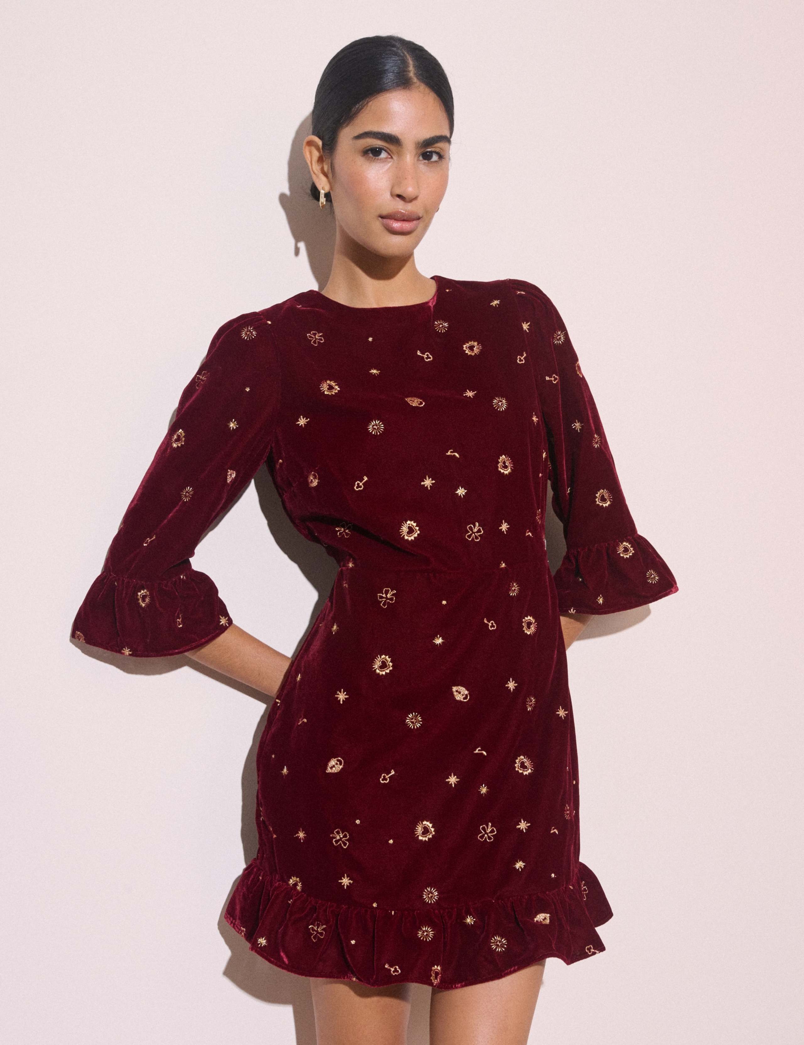 Embroidered Crew Neck Zip Up Mini Tea Dress