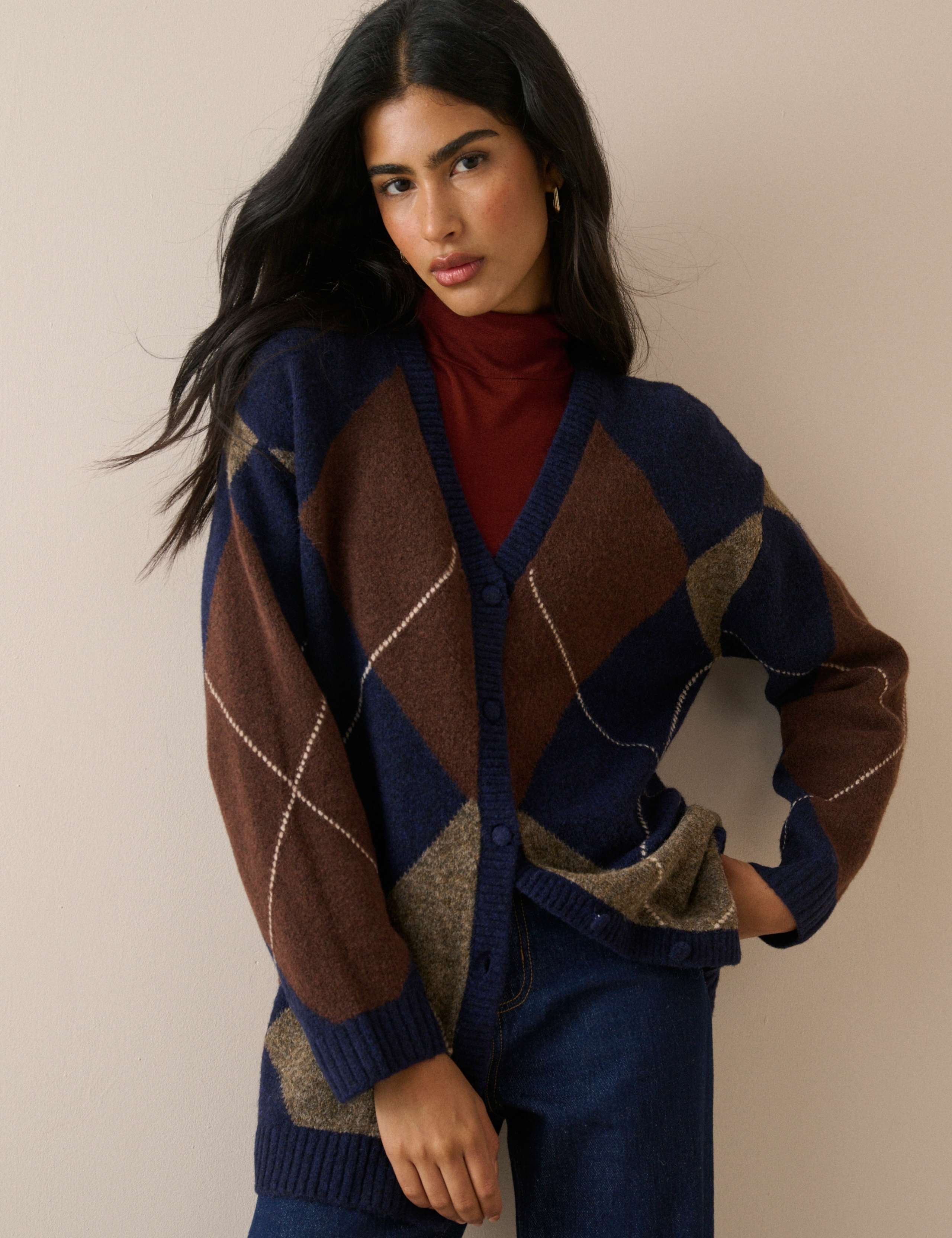 Argyle V-Neck Longline Cardigan with Wool