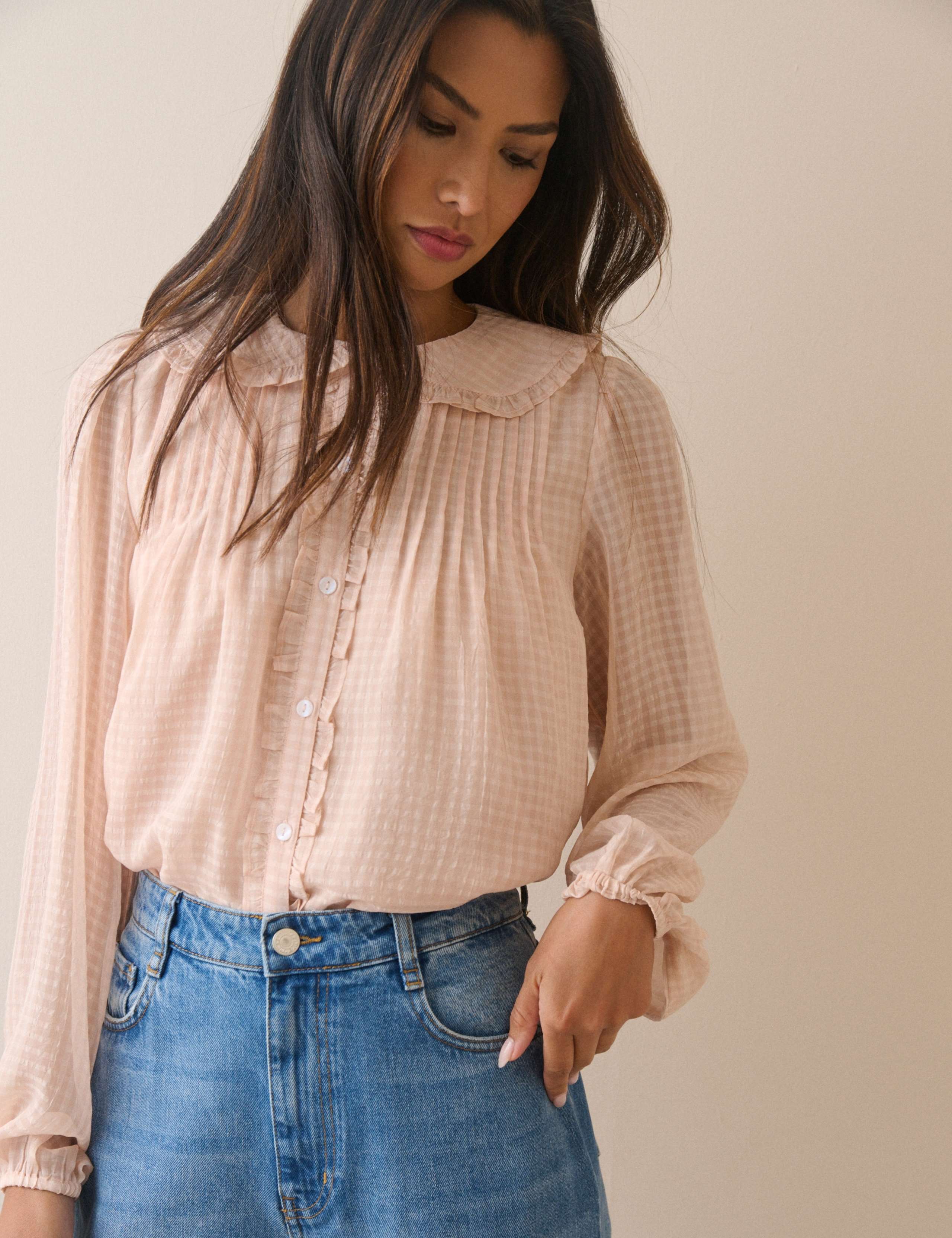 Checked Collared Ruffle Blouse