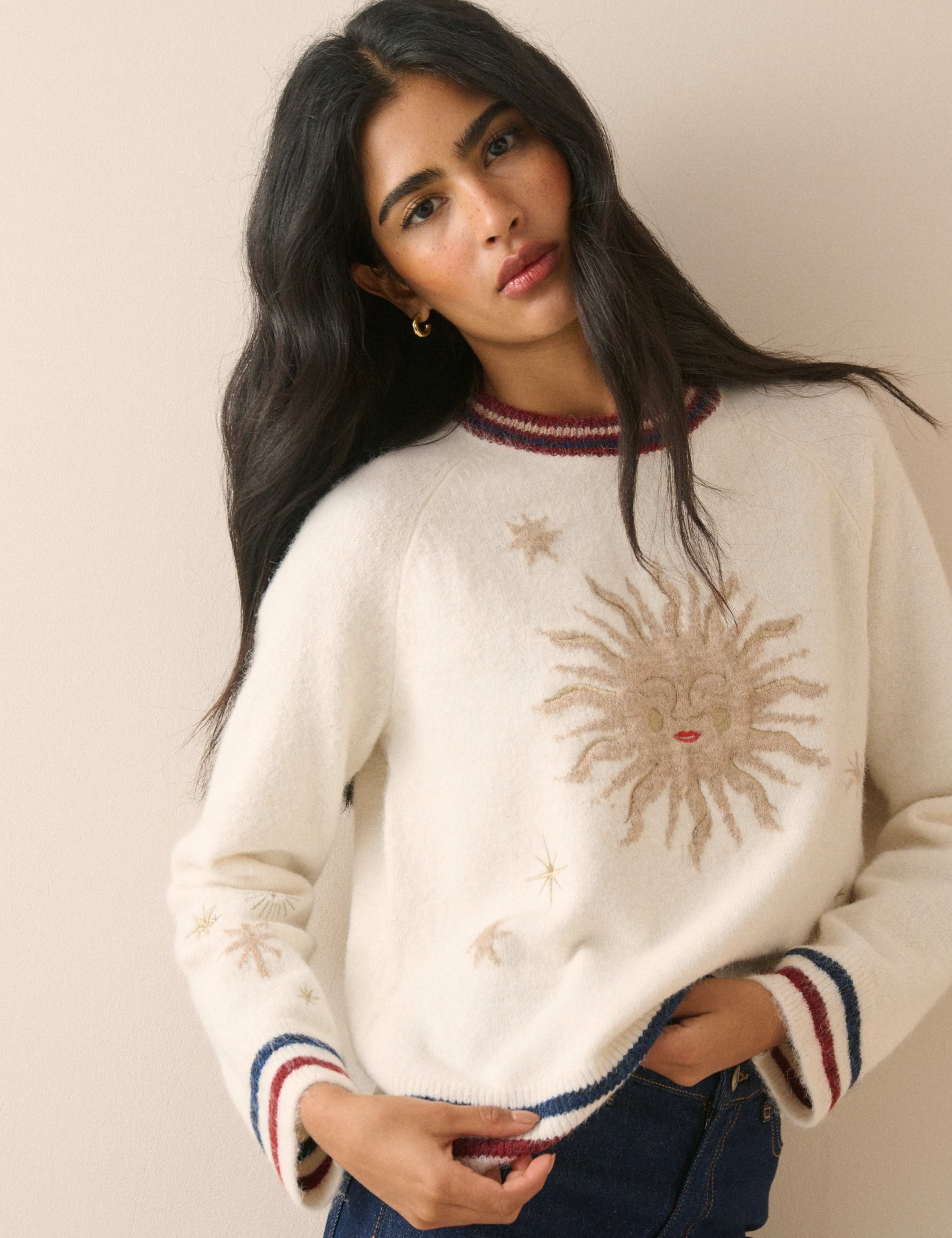 Intarsia & Embroidery Sun Motif Jumper with Wool