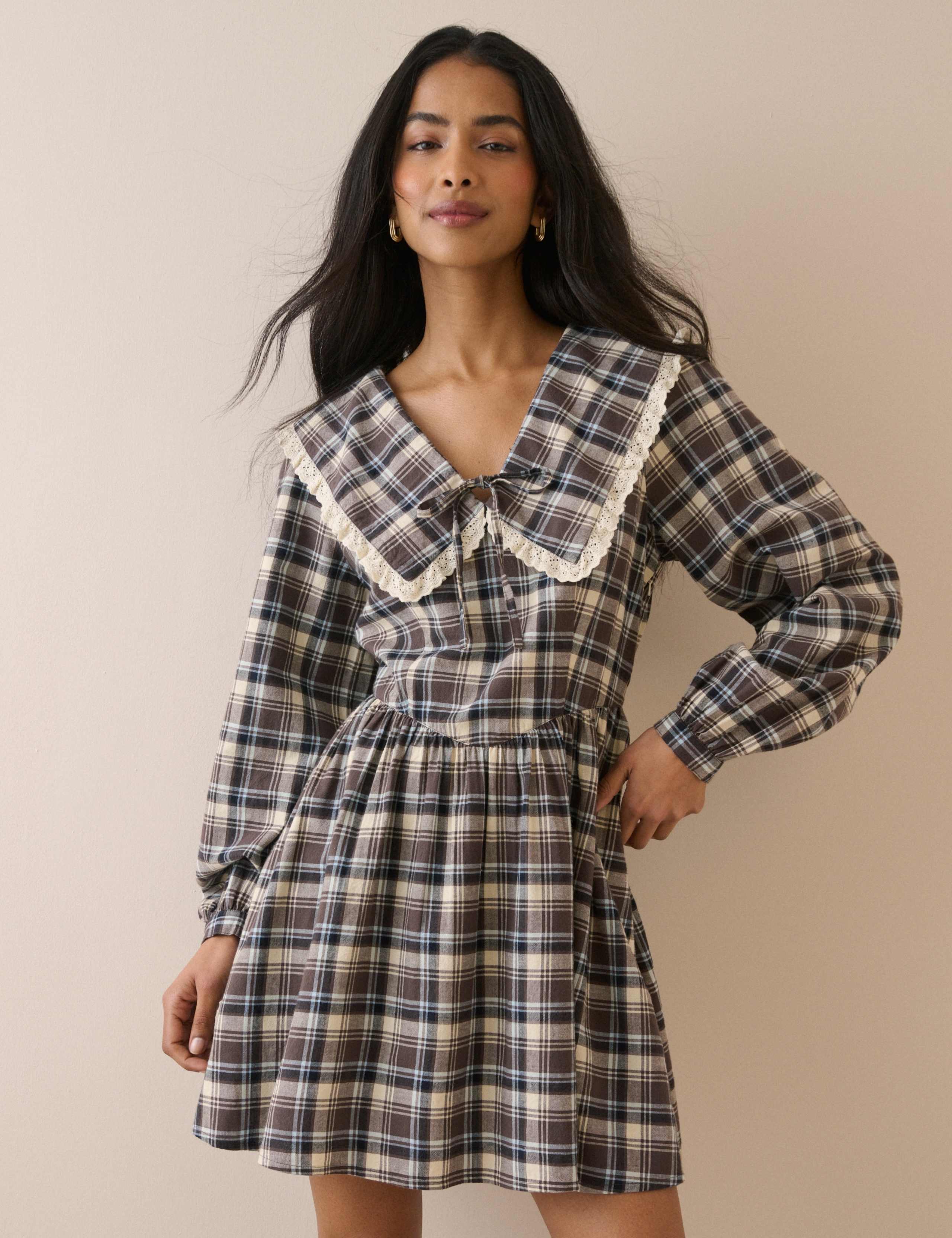 Pure Cotton Checked Mini Waisted Dress