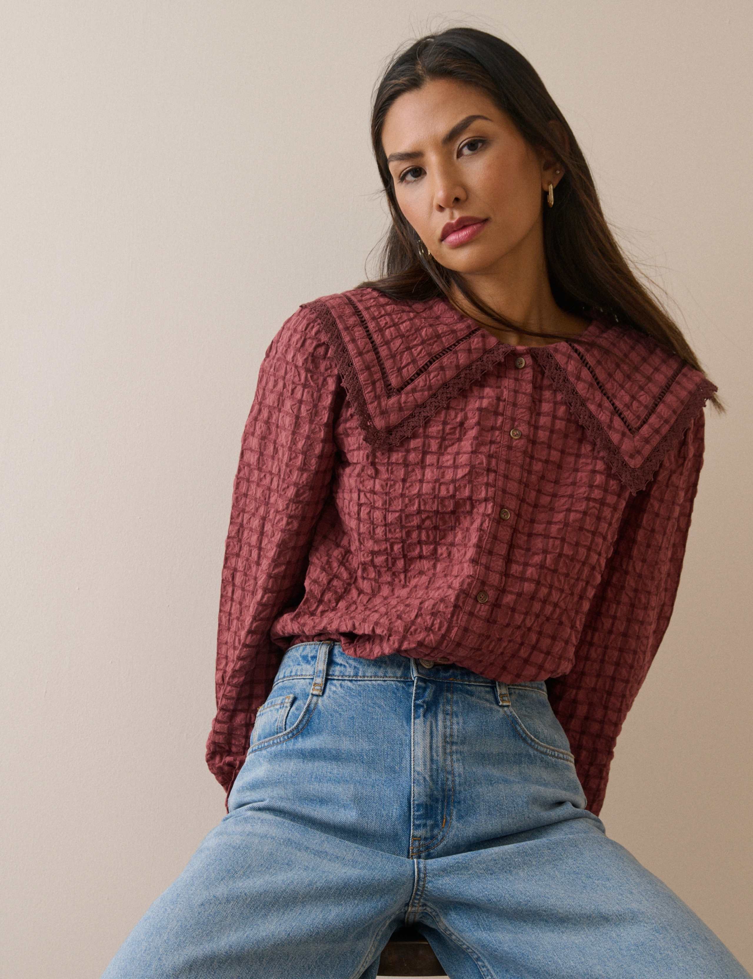 Pure Cotton Textured Collared Blouse