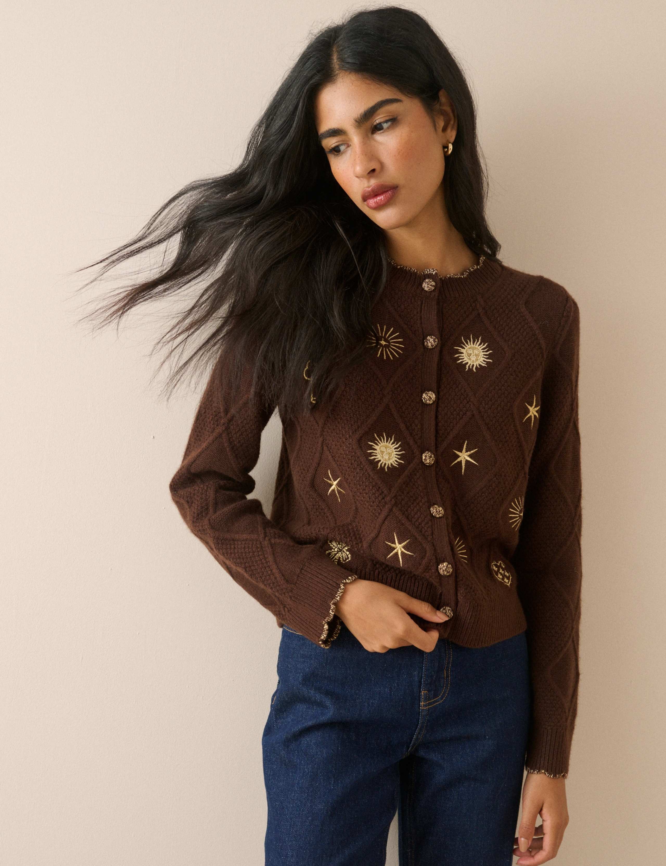 Wool Blend Embroidered Cable Knit Cardigan