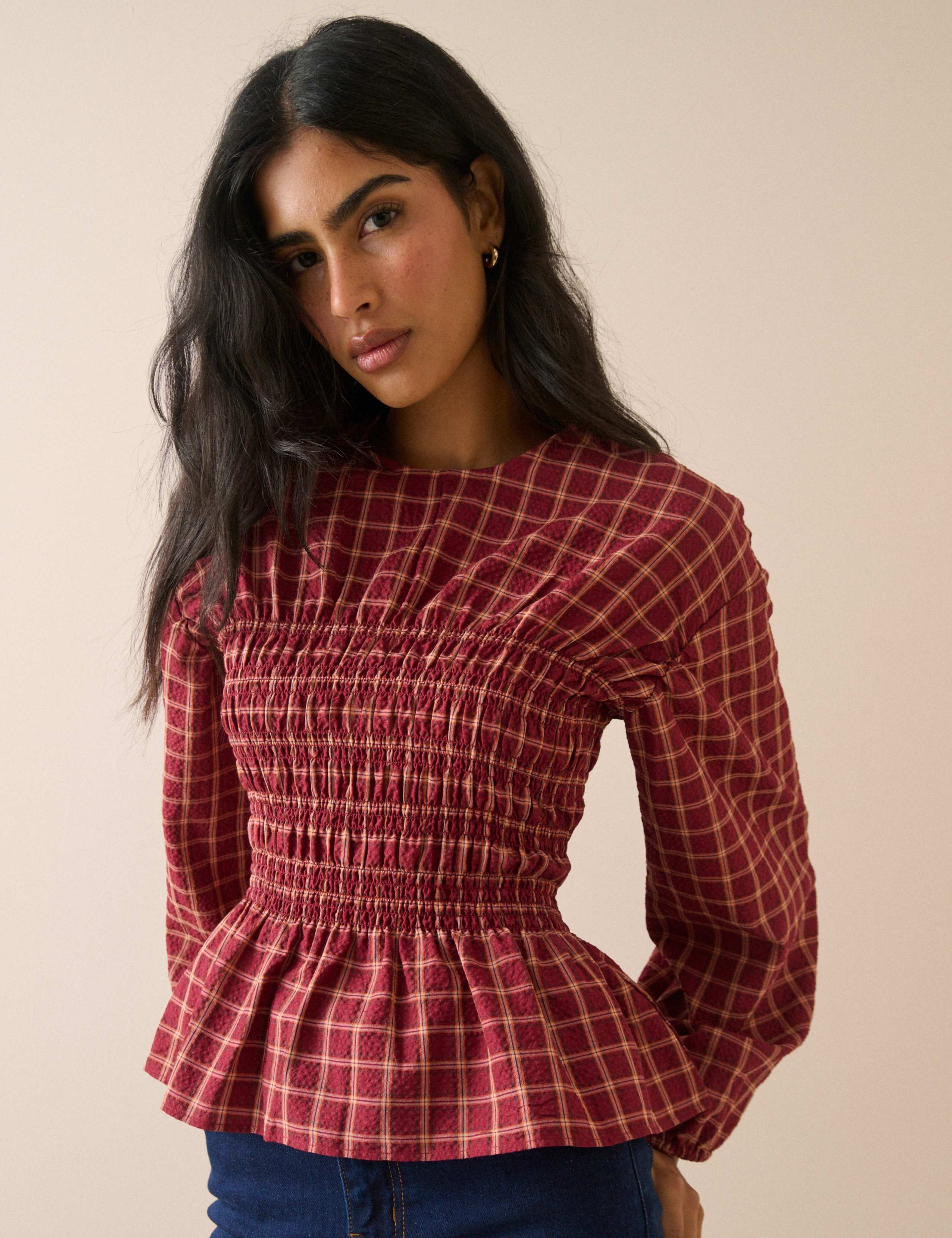 Checked Shirred Blouse