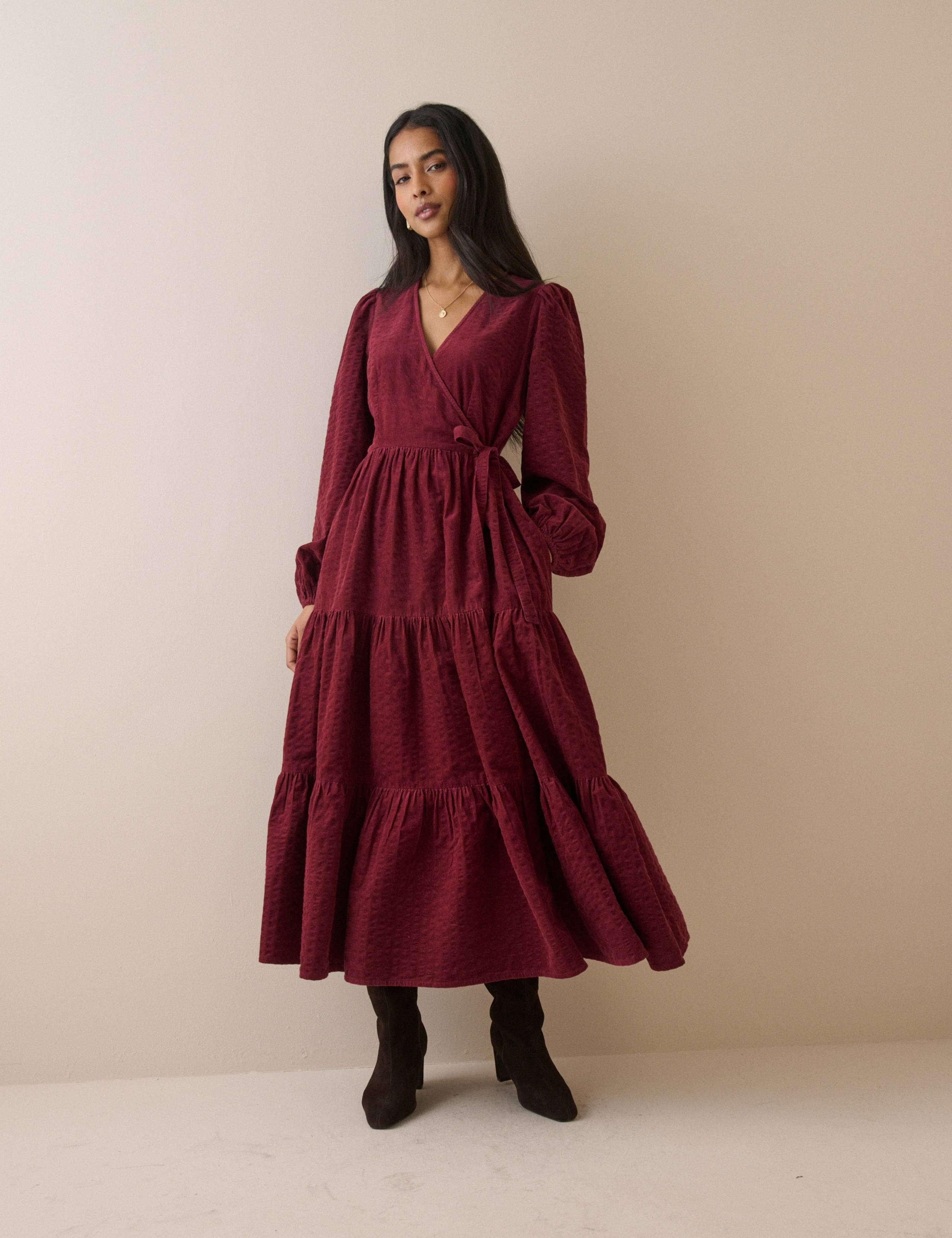 Pure Cotton Cord V-Neck Midi Waisted Dress