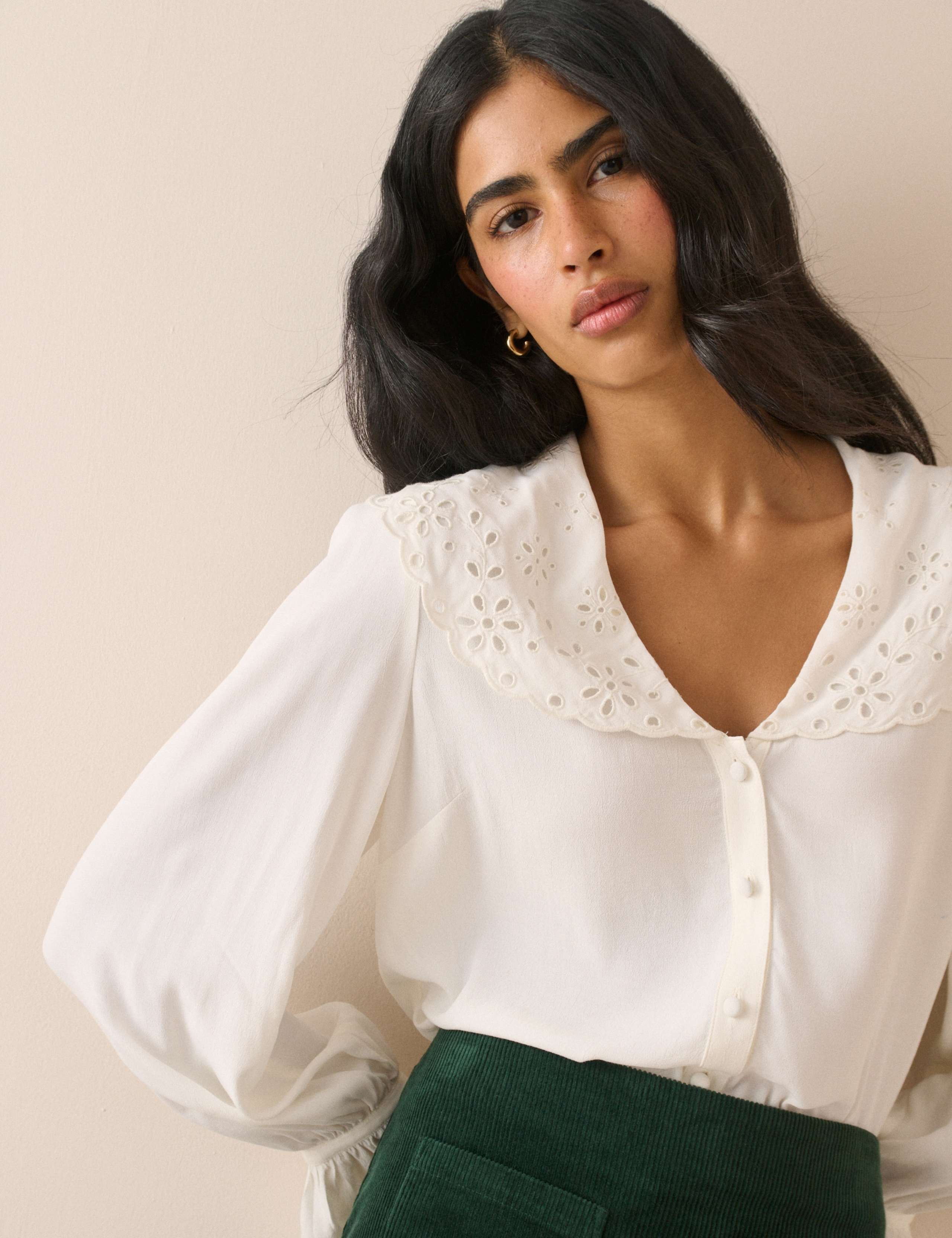 Broderie Collared Button Through Blouse