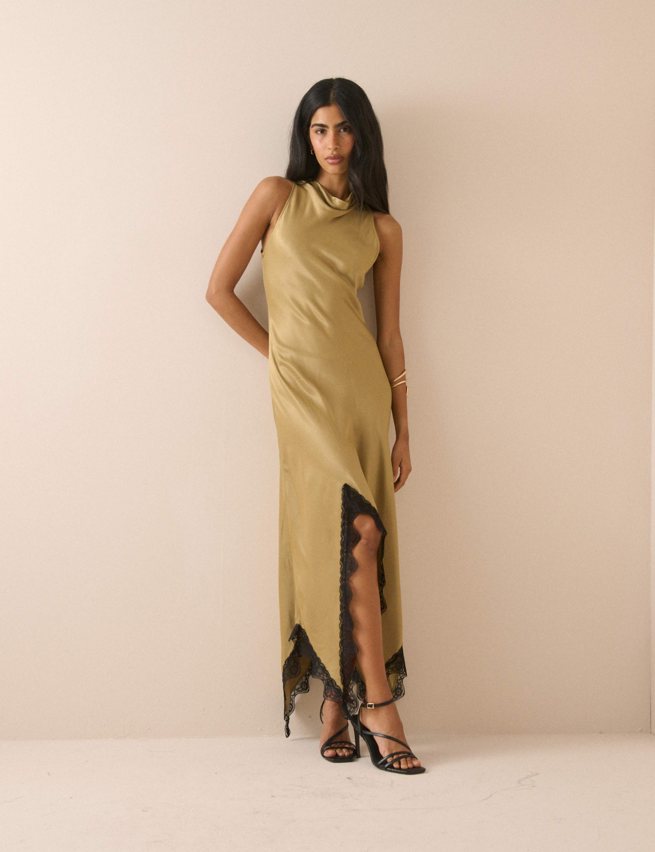 Satin Cowl Neck Midi Skater Dress
