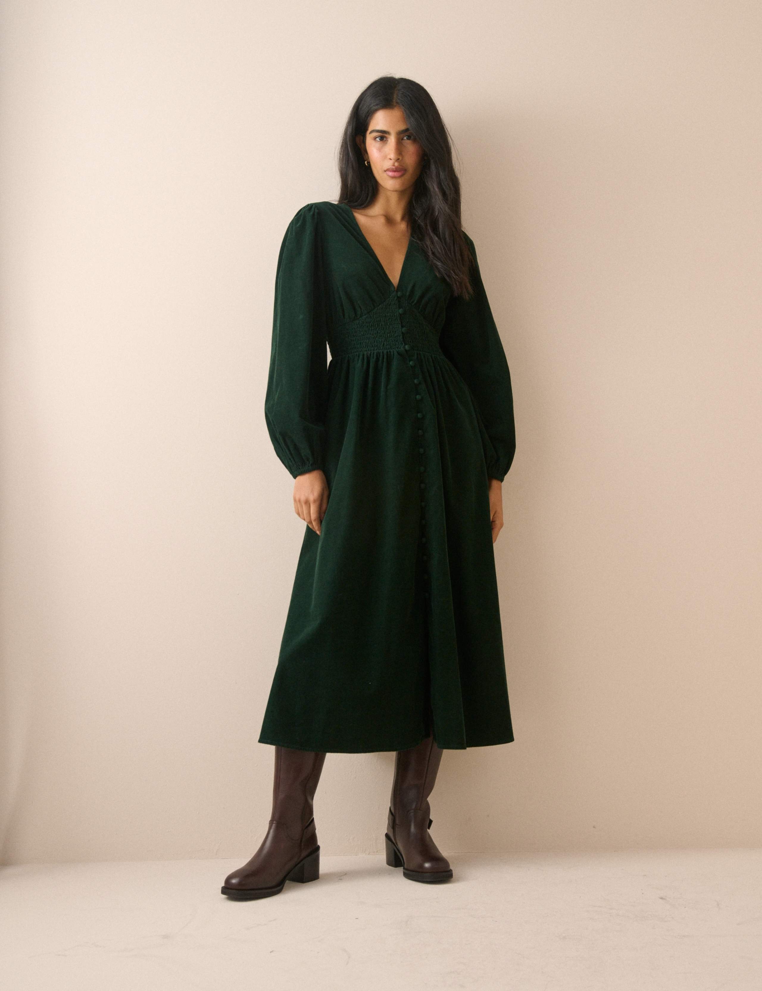 Cord V-Neck Midi Waisted Dress