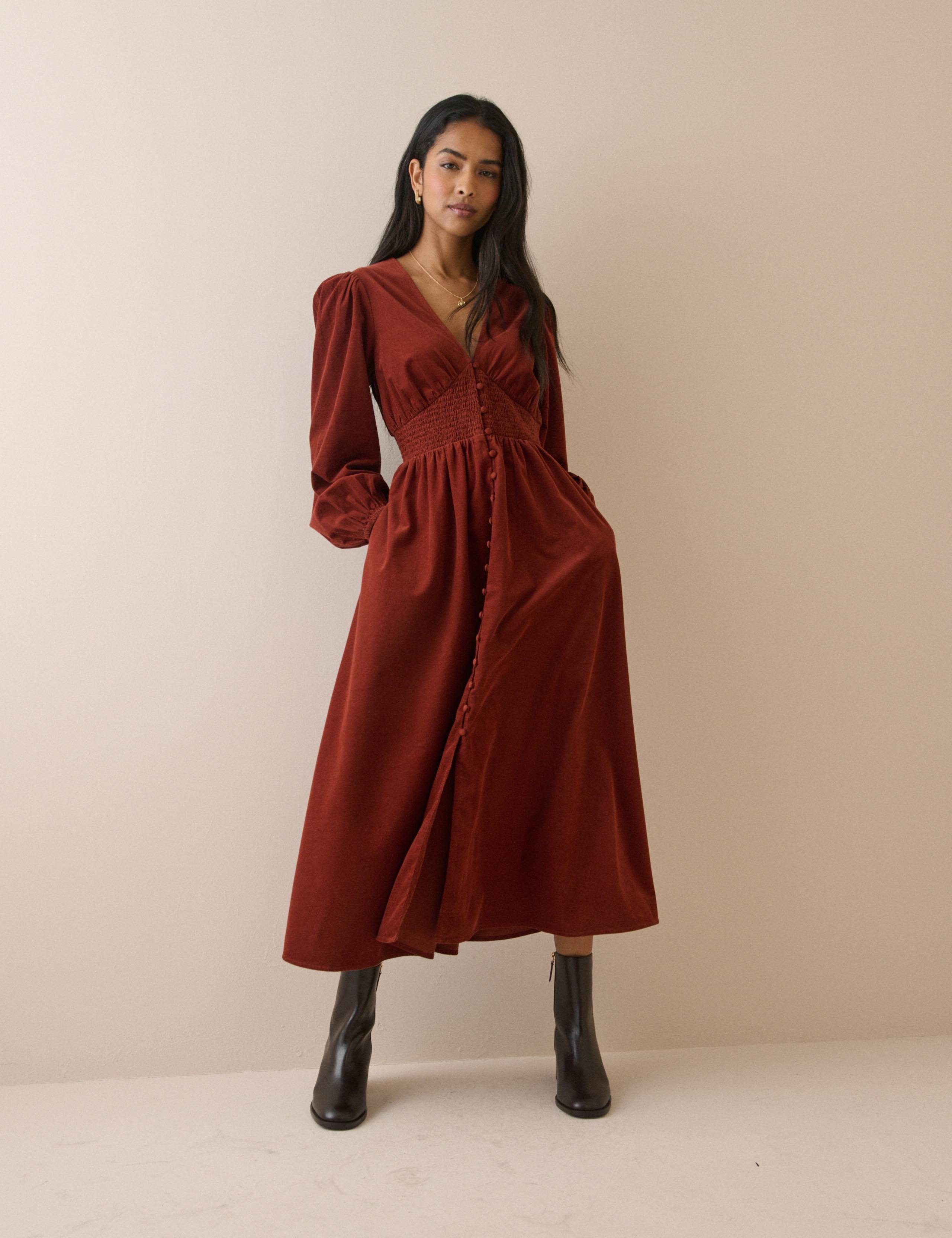 Cord V-Neck Midi Waisted Dress