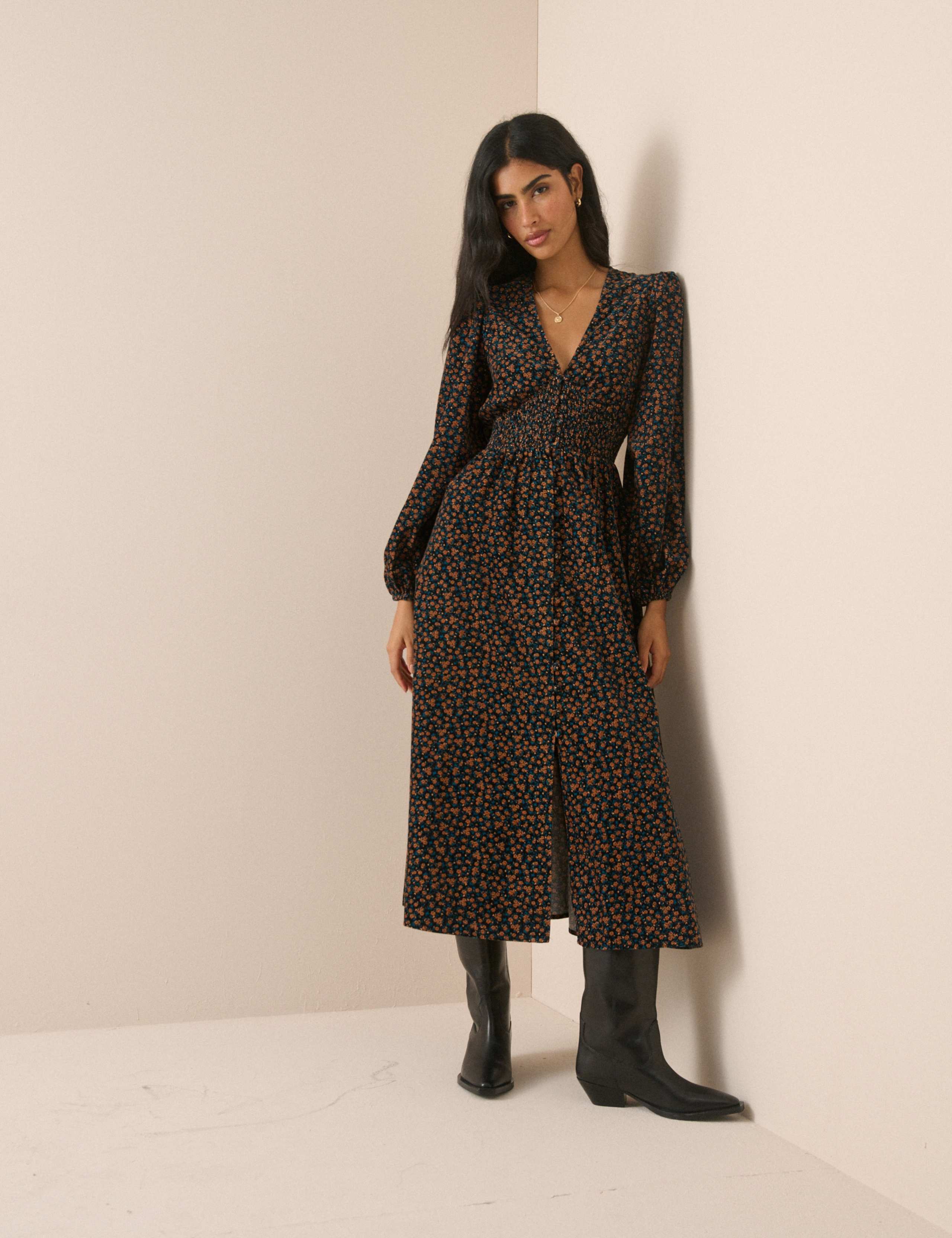 Cord V-Neck Midi Waisted Dress