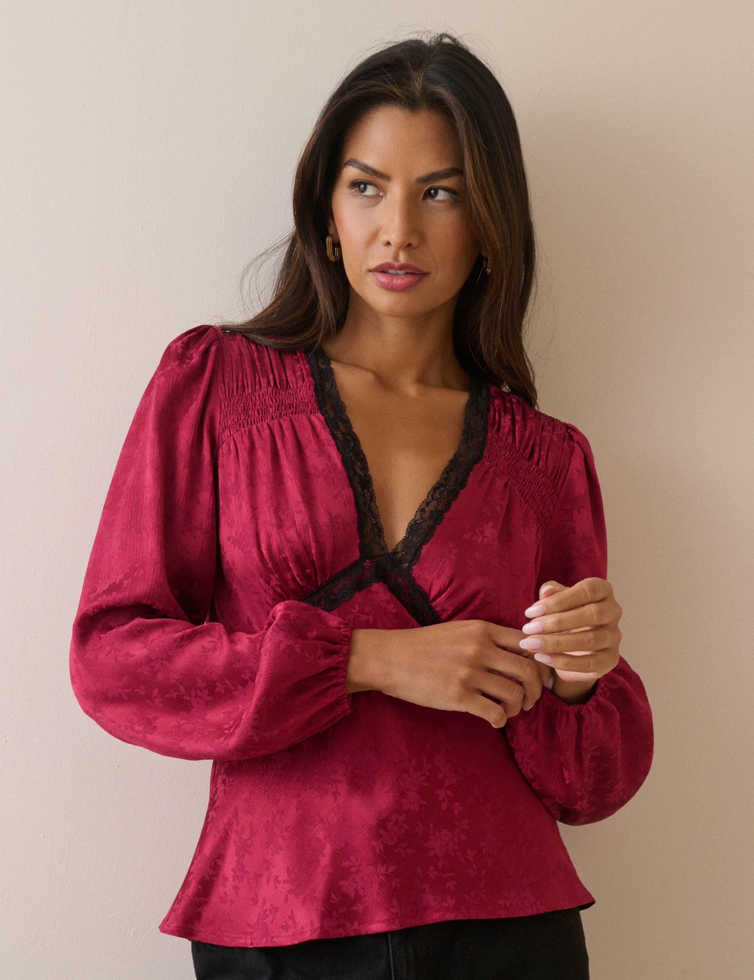 Satin Leaf Print Lace Detail V-Neck Blouse